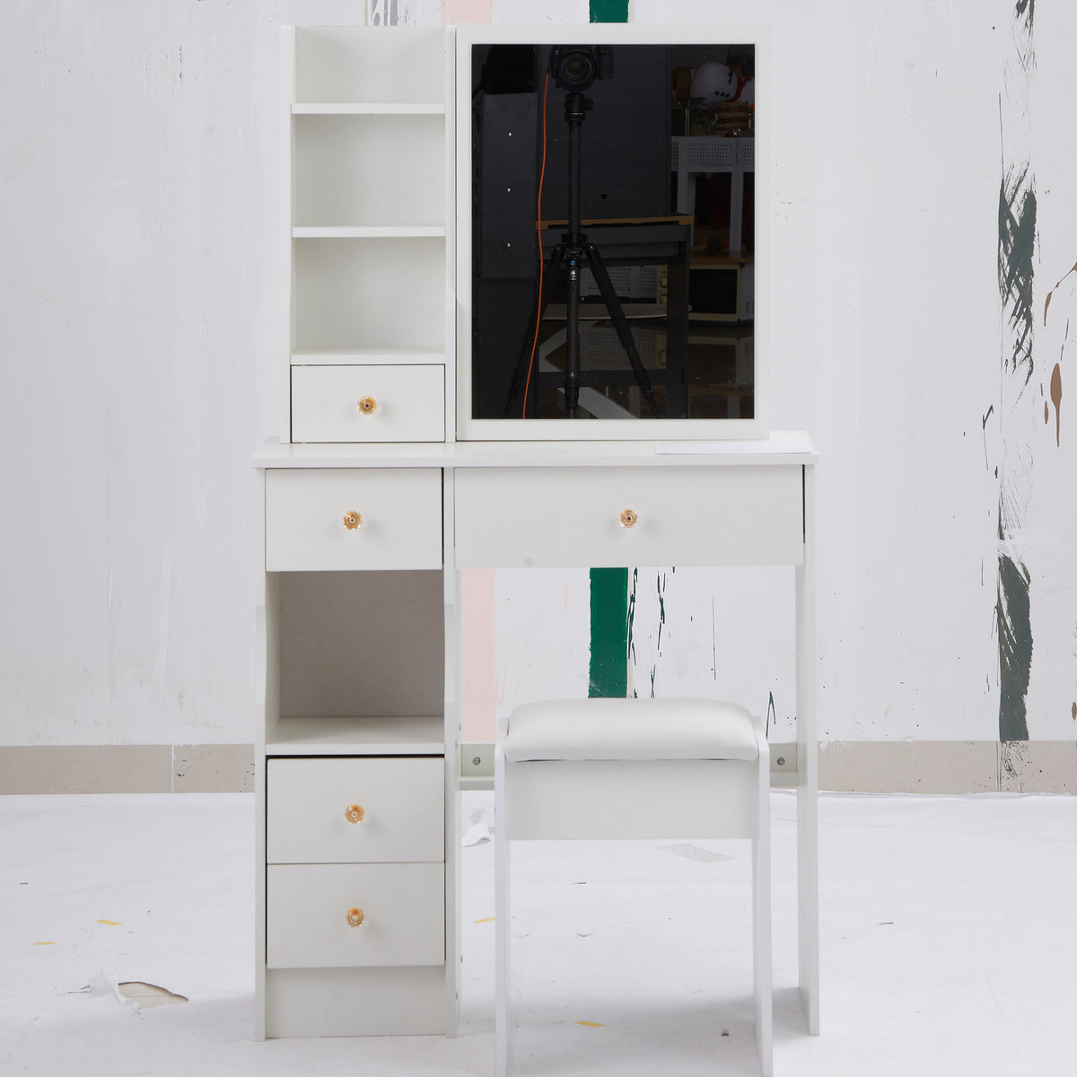 THE FURNITURE CO. Vanity Default Small Size Left Drawer Desktop Vanity Table With Cushioned Stool Extra Large Sliding Mirror High Capacity Storage Suitable For Small Space In White