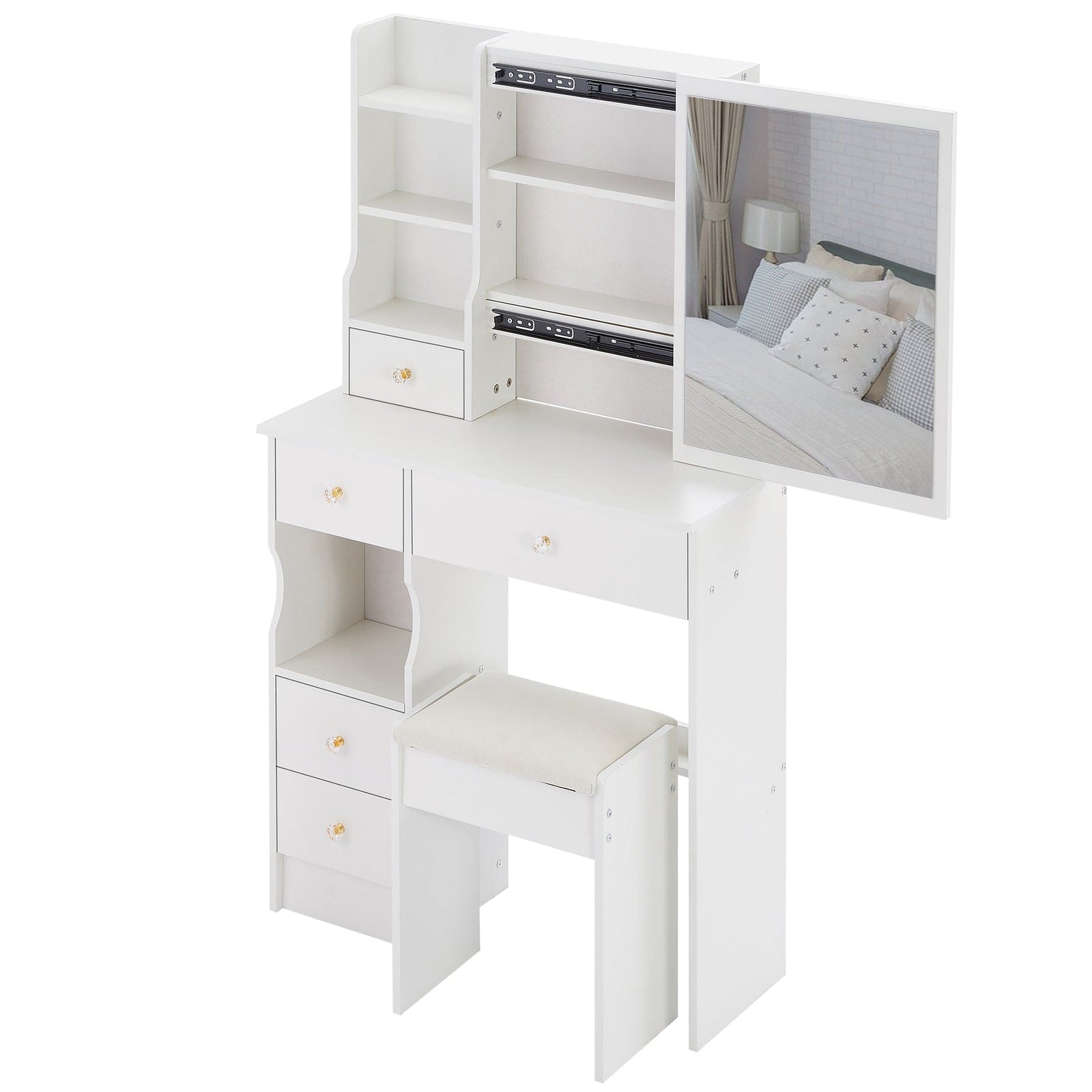 THE FURNITURE CO. Vanity Default Small Size Left Drawer Desktop Vanity Table With Cushioned Stool Extra Large Sliding Mirror High Capacity Storage Suitable For Small Space In White