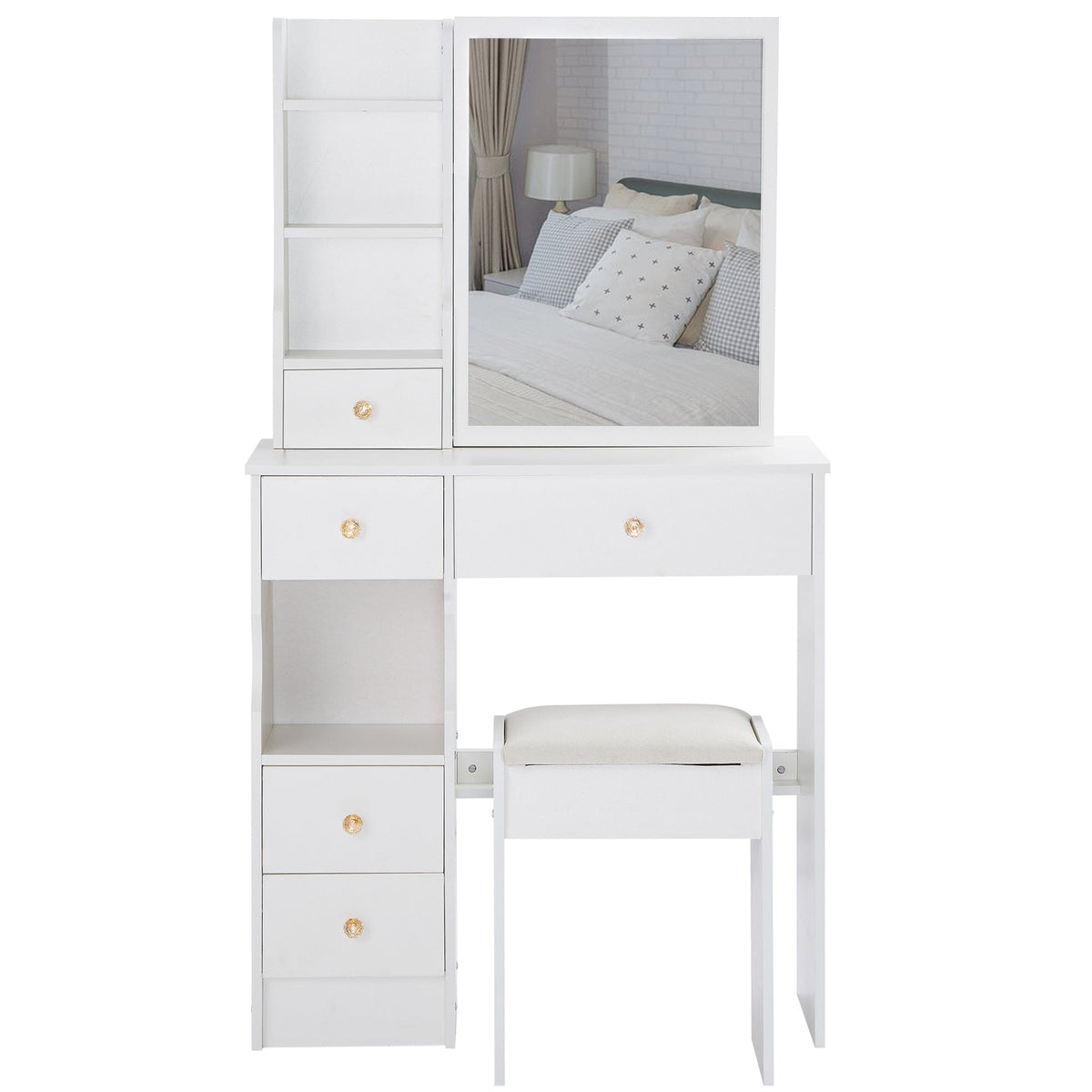 THE FURNITURE CO. Vanity Default Small Size Left Drawer Desktop Vanity Table With Cushioned Stool Extra Large Sliding Mirror High Capacity Storage Suitable For Small Space In White