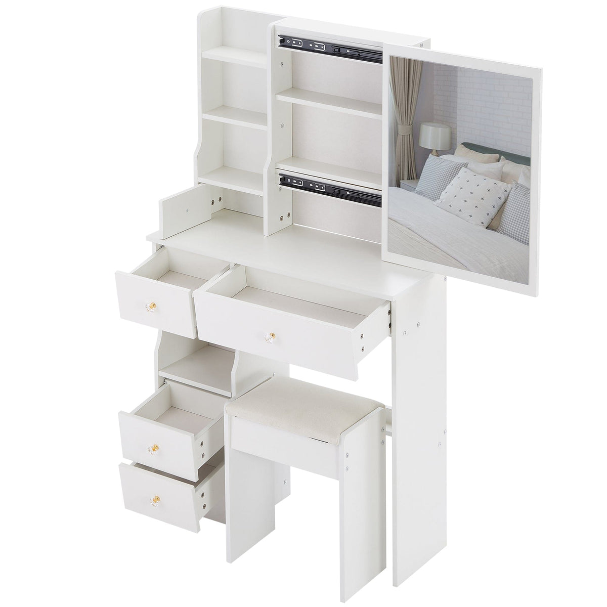 THE FURNITURE CO. Vanity Default Small Size Left Drawer Desktop Vanity Table With Cushioned Stool Extra Large Sliding Mirror High Capacity Storage Suitable For Small Space In White
