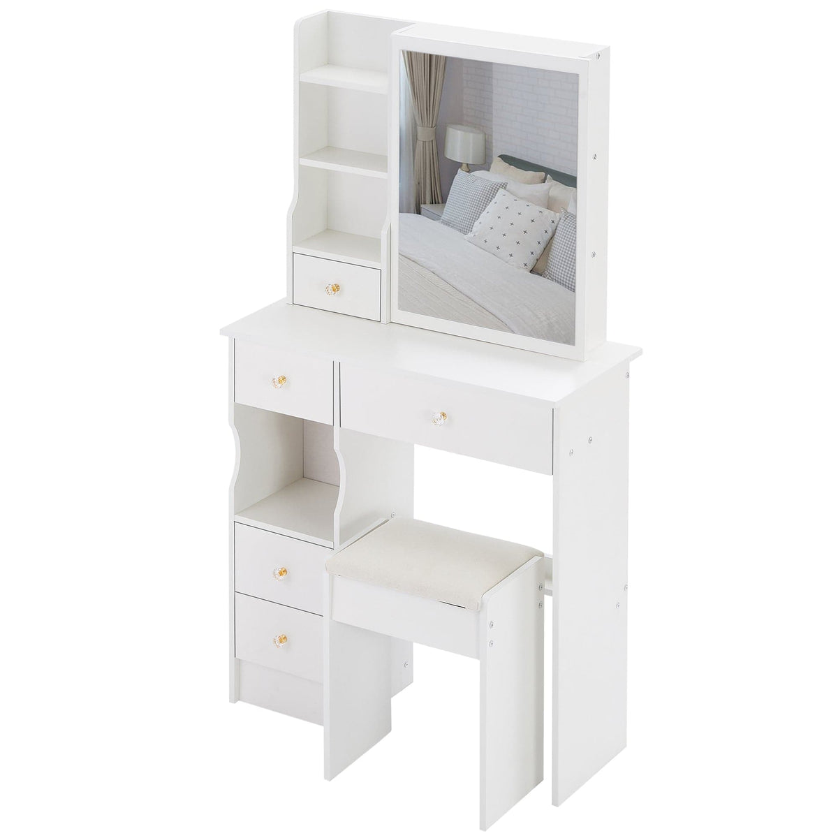 THE FURNITURE CO. Vanity Default Small Size Left Drawer Desktop Vanity Table With Cushioned Stool Extra Large Sliding Mirror High Capacity Storage Suitable For Small Space In White