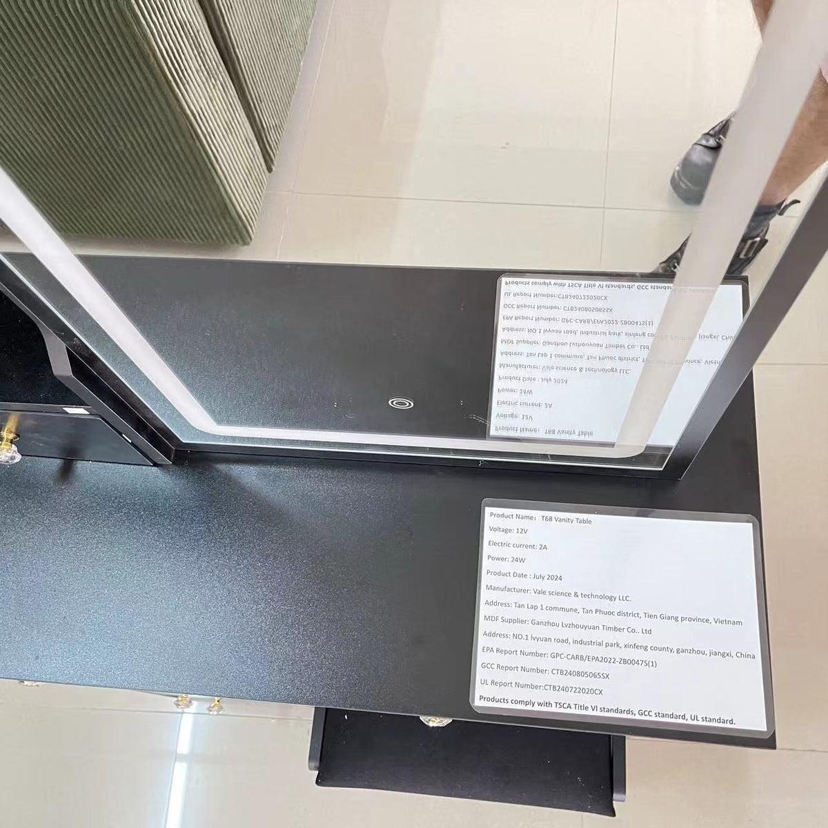 THE FURNITURE CO. Vanity Default Small Size Left Drawer Desktop Vanity Table With Cushioned Stool Touch Control LED Mirror Tri-color Switching Brightness Adjust In Black