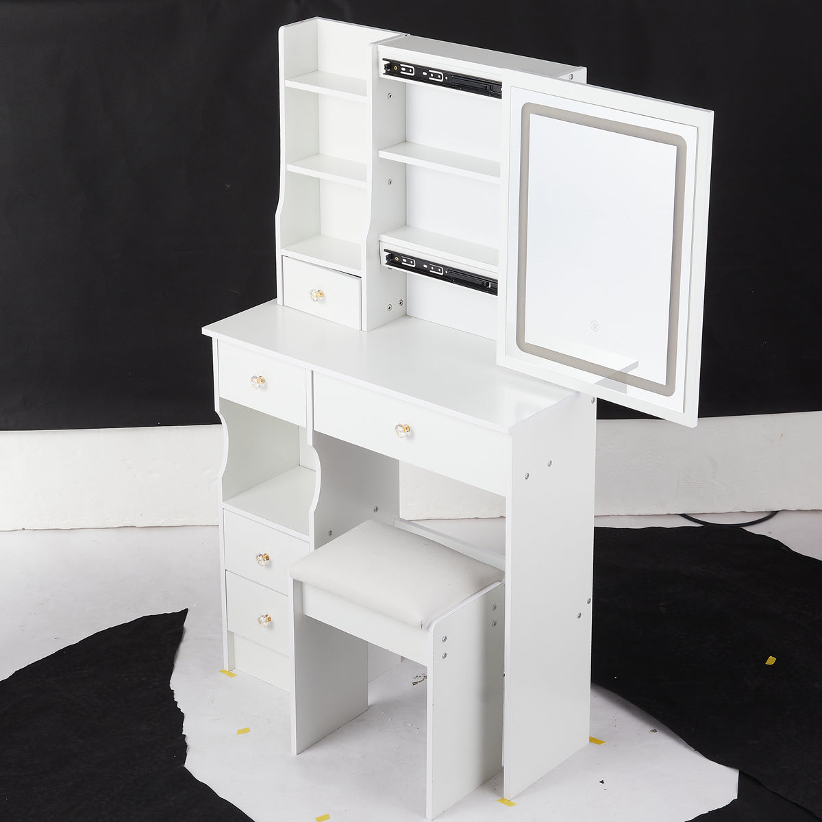 THE FURNITURE CO. Vanity Default Small Size Left Drawer Desktop Vanity Table With Cushioned Stool Touch Control LED Mirror Tri-color Switching Brightness Adjust In White