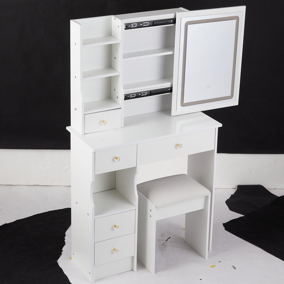 THE FURNITURE CO. Vanity Default Small Size Left Drawer Desktop Vanity Table With Cushioned Stool Touch Control LED Mirror Tri-color Switching Brightness Adjust In White