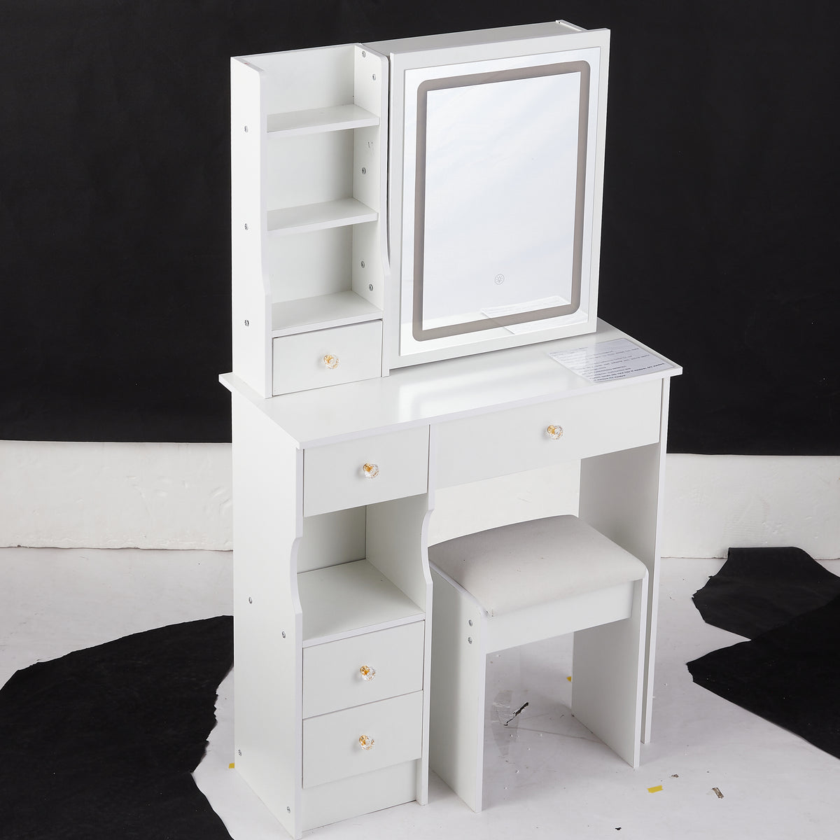 THE FURNITURE CO. Vanity Default Small Size Left Drawer Desktop Vanity Table With Cushioned Stool Touch Control LED Mirror Tri-color Switching Brightness Adjust In White