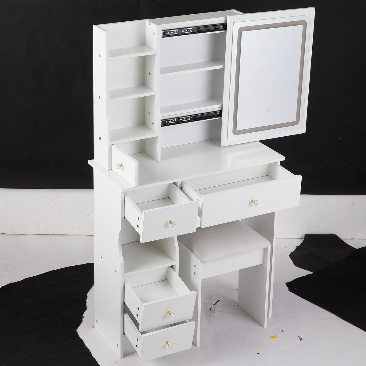 THE FURNITURE CO. Vanity Default Small Size Left Drawer Desktop Vanity Table With Cushioned Stool Touch Control LED Mirror Tri-color Switching Brightness Adjust In White