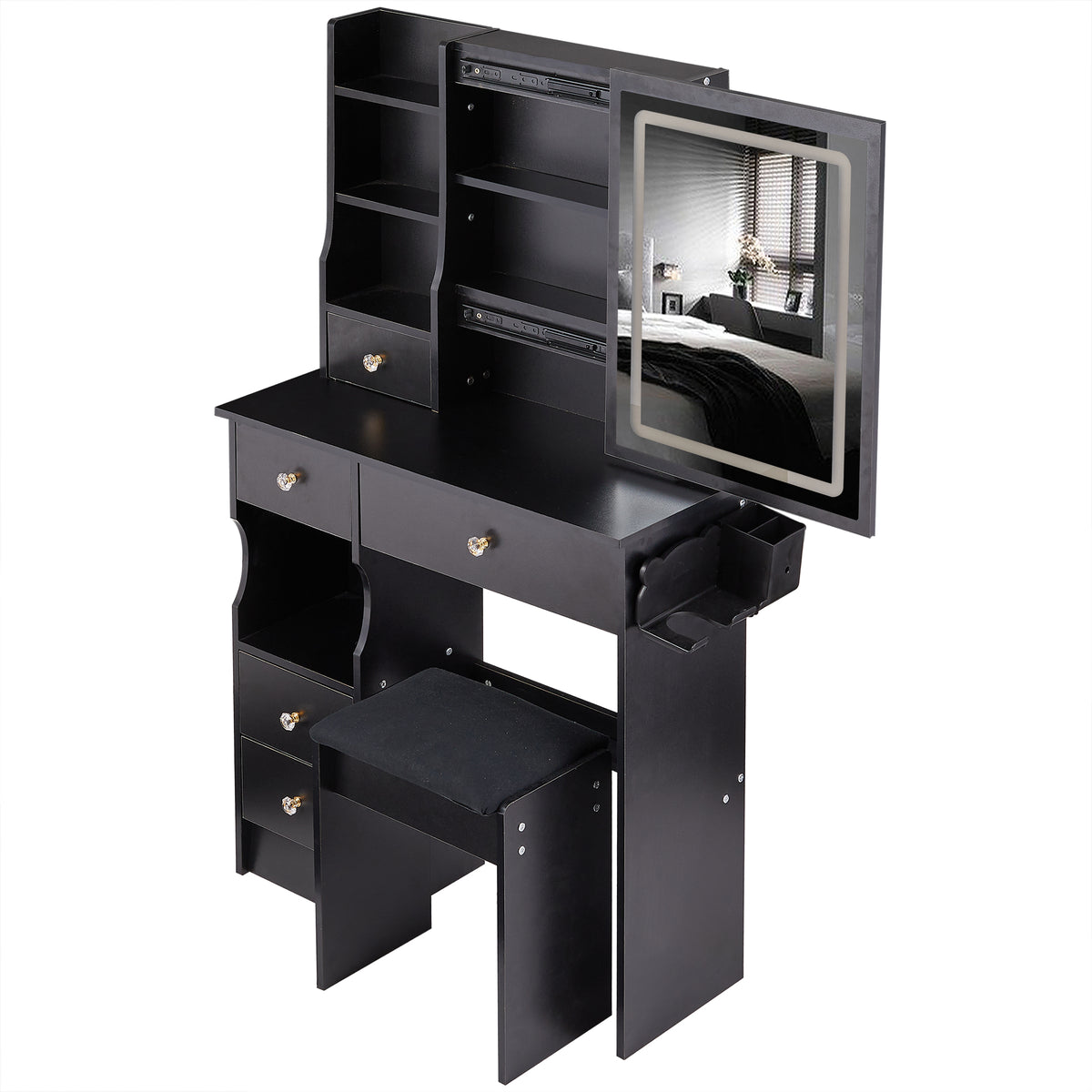 THE FURNITURE CO. Vanity Default Small Size Left Drawer Desktop Vanity Table With Stool, 2 AC+2 USB Ports, Large LED Touch Control Mirror, Tri-color Light, Certified In Black