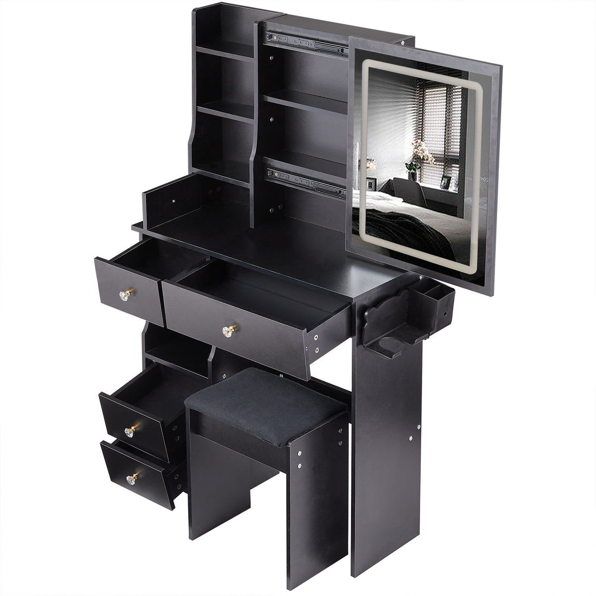 THE FURNITURE CO. Vanity Default Small Size Left Drawer Desktop Vanity Table With Stool, 2 AC+2 USB Ports, Large LED Touch Control Mirror, Tri-color Light, Certified In Black