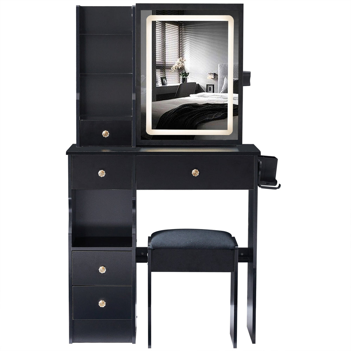 THE FURNITURE CO. Vanity Default Small Size Left Drawer Desktop Vanity Table With Stool, 2 AC+2 USB Ports, Large LED Touch Control Mirror, Tri-color Light, Certified In Black