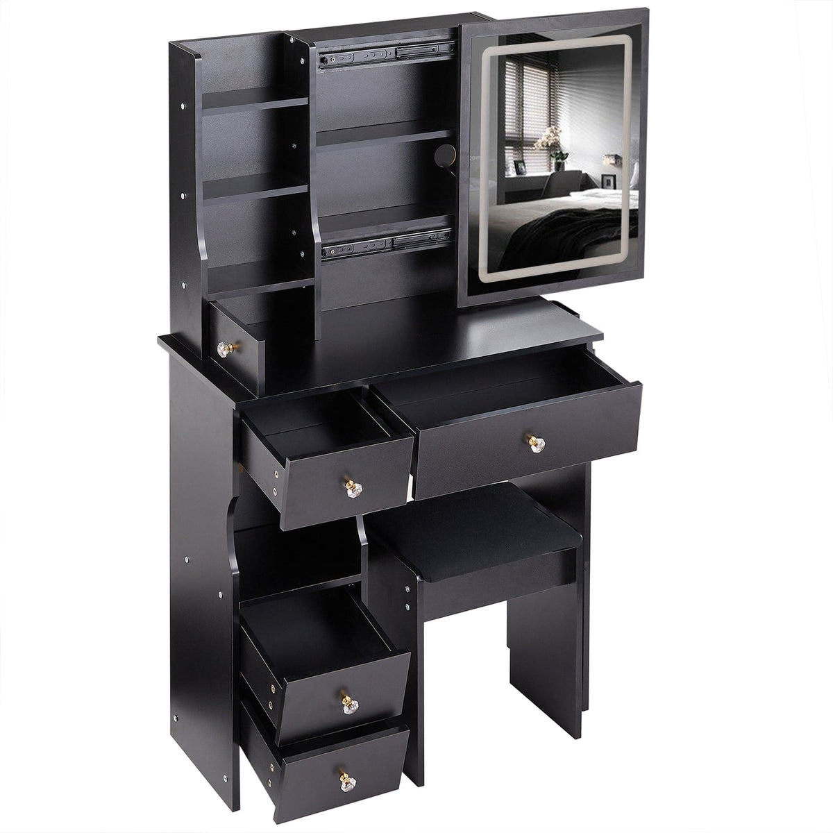 THE FURNITURE CO. Vanity Default Small Size Left Drawer Desktop Vanity Table With Stool, 2 AC+2 USB Ports, Large LED Touch Control Mirror, Tri-color Light, Certified In Black