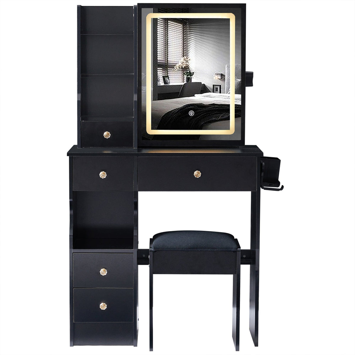 THE FURNITURE CO. Vanity Default Small Size Left Drawer Desktop Vanity Table With Stool, 2 AC+2 USB Ports, Large LED Touch Control Mirror, Tri-color Light, Certified In Black