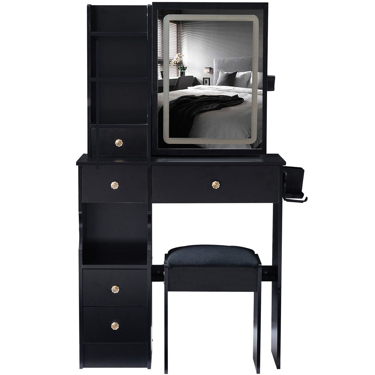 THE FURNITURE CO. Vanity Default Small Size Left Drawer Desktop Vanity Table With Stool, 2 AC+2 USB Ports, Large LED Touch Control Mirror, Tri-color Light, Certified In Black