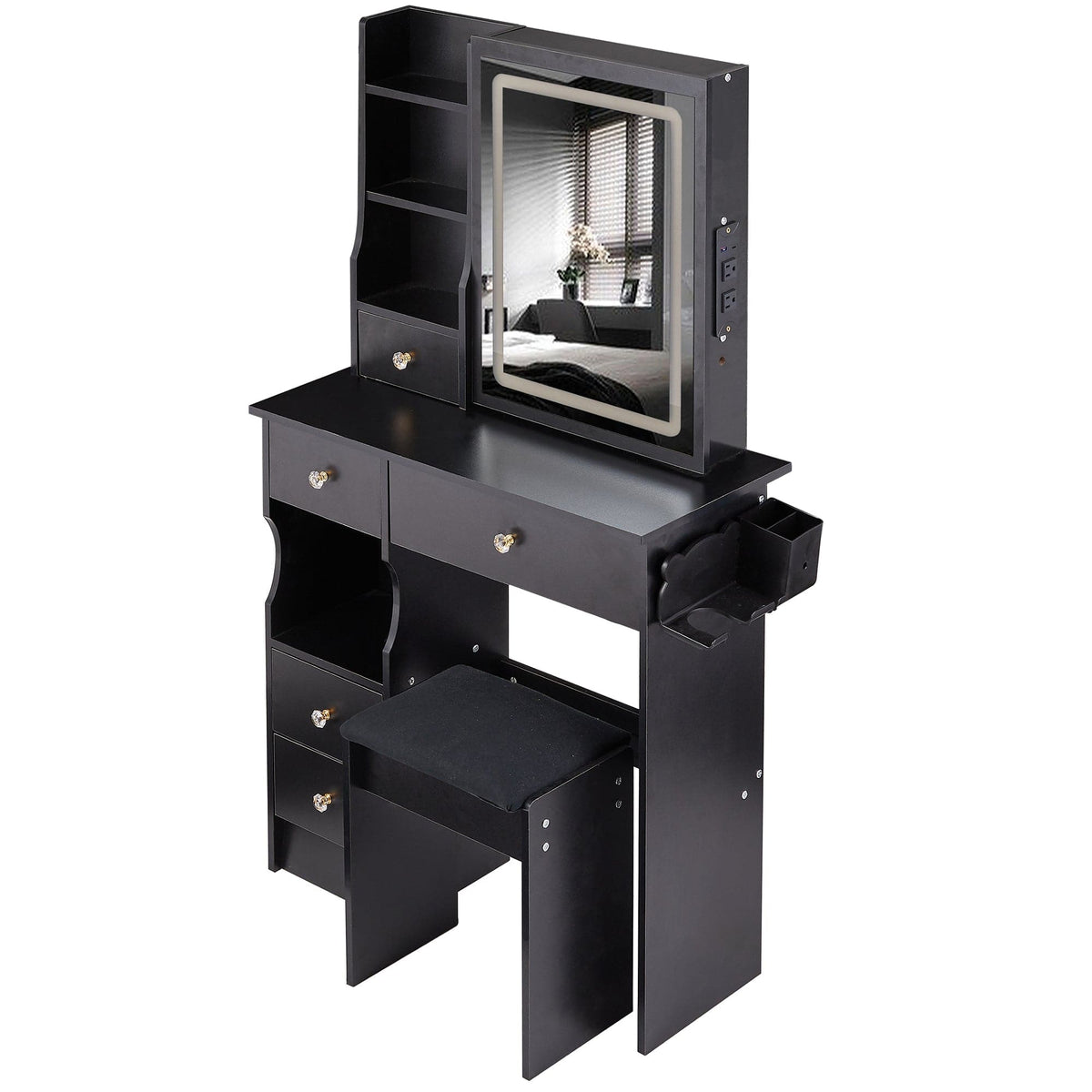 THE FURNITURE CO. Vanity Default Small Size Left Drawer Desktop Vanity Table With Stool, 2 AC+2 USB Ports, Large LED Touch Control Mirror, Tri-color Light, Certified In Black