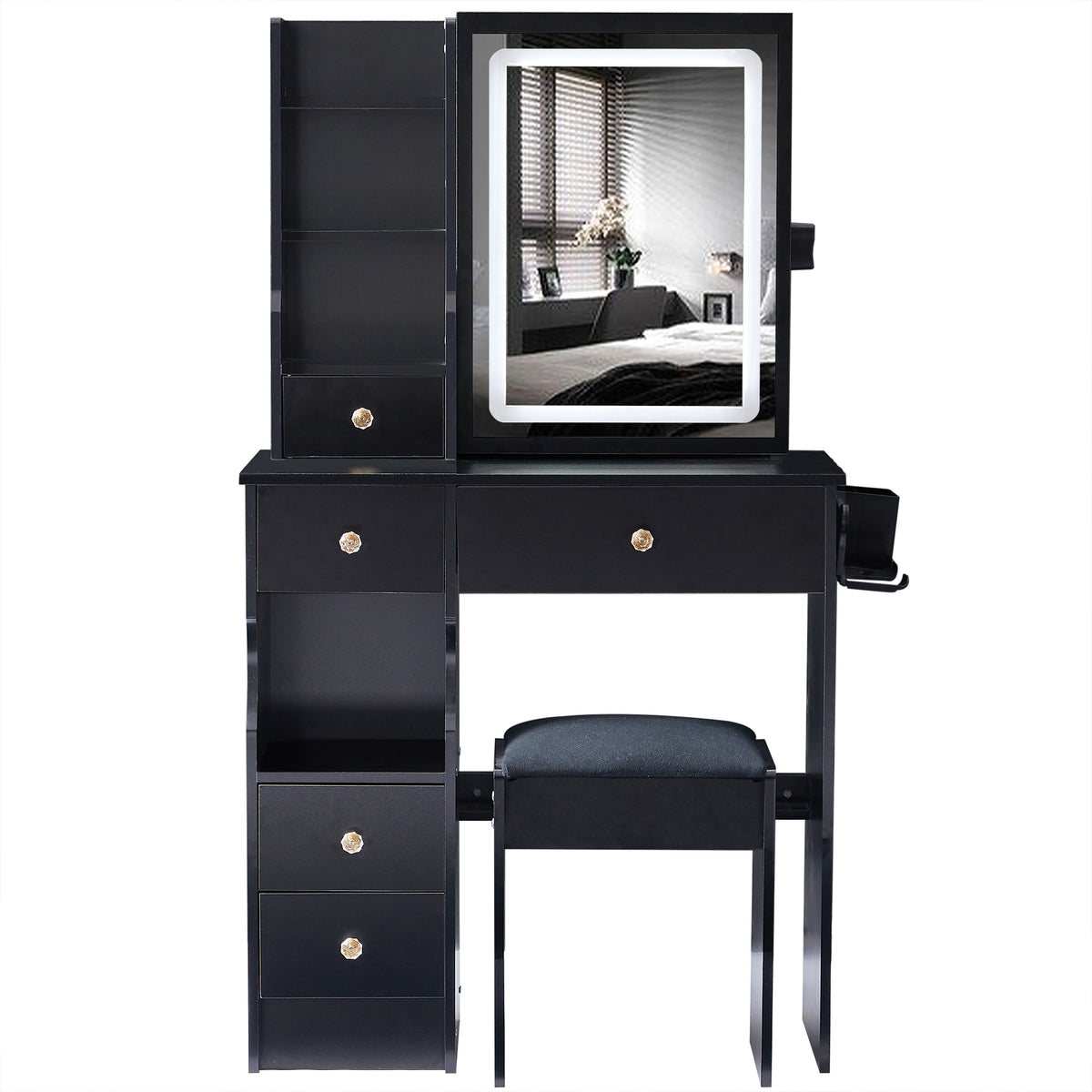 THE FURNITURE CO. Vanity Default Small Size Left Drawer Desktop Vanity Table With Stool, 2 AC+2 USB Ports, Large LED Touch Control Mirror, Tri-color Light, Certified In Black