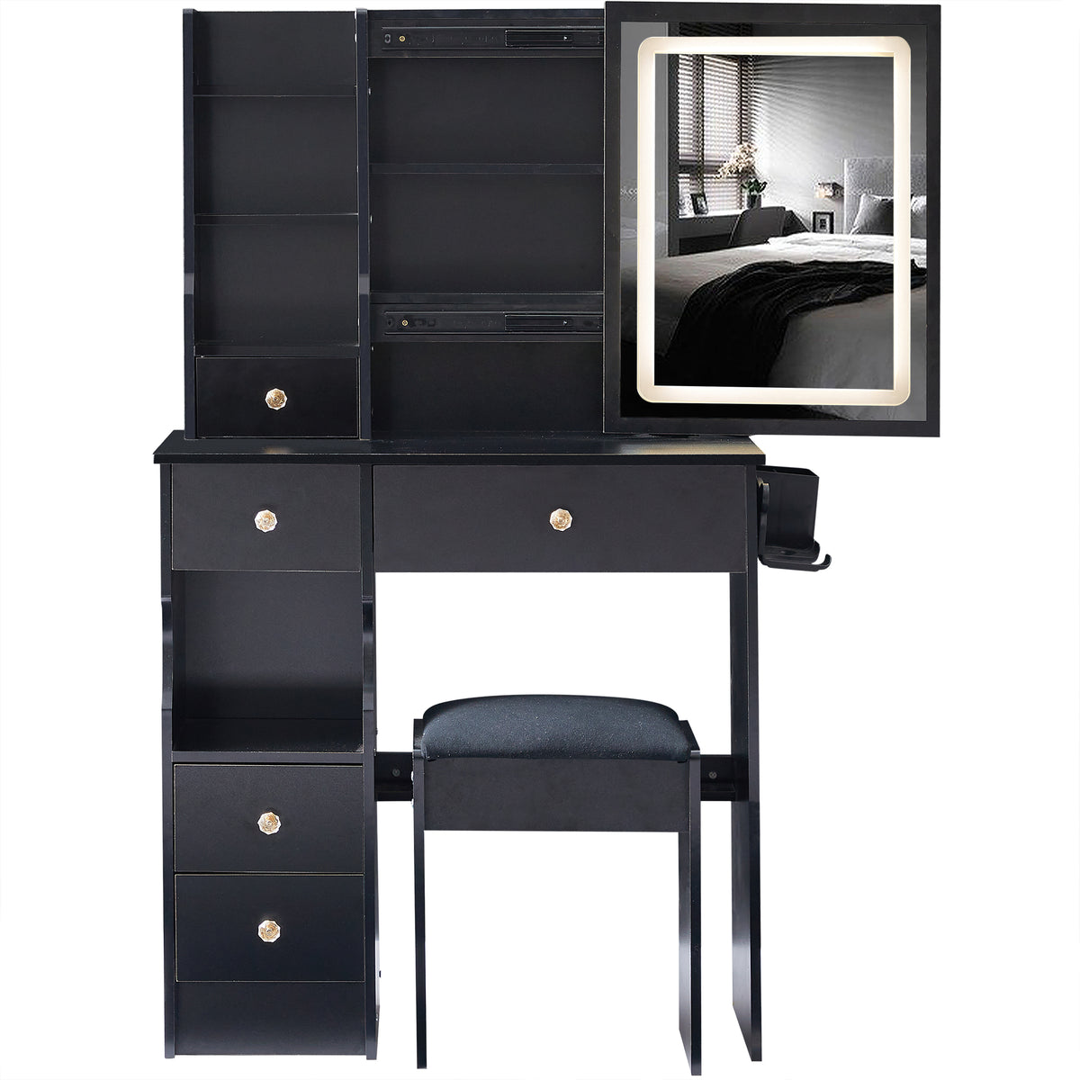 THE FURNITURE CO. Vanity Default Small Size Left Drawer Desktop Vanity Table With Stool, 2 AC+2 USB Ports, Large LED Touch Control Mirror, Tri-color Light, Certified In Black