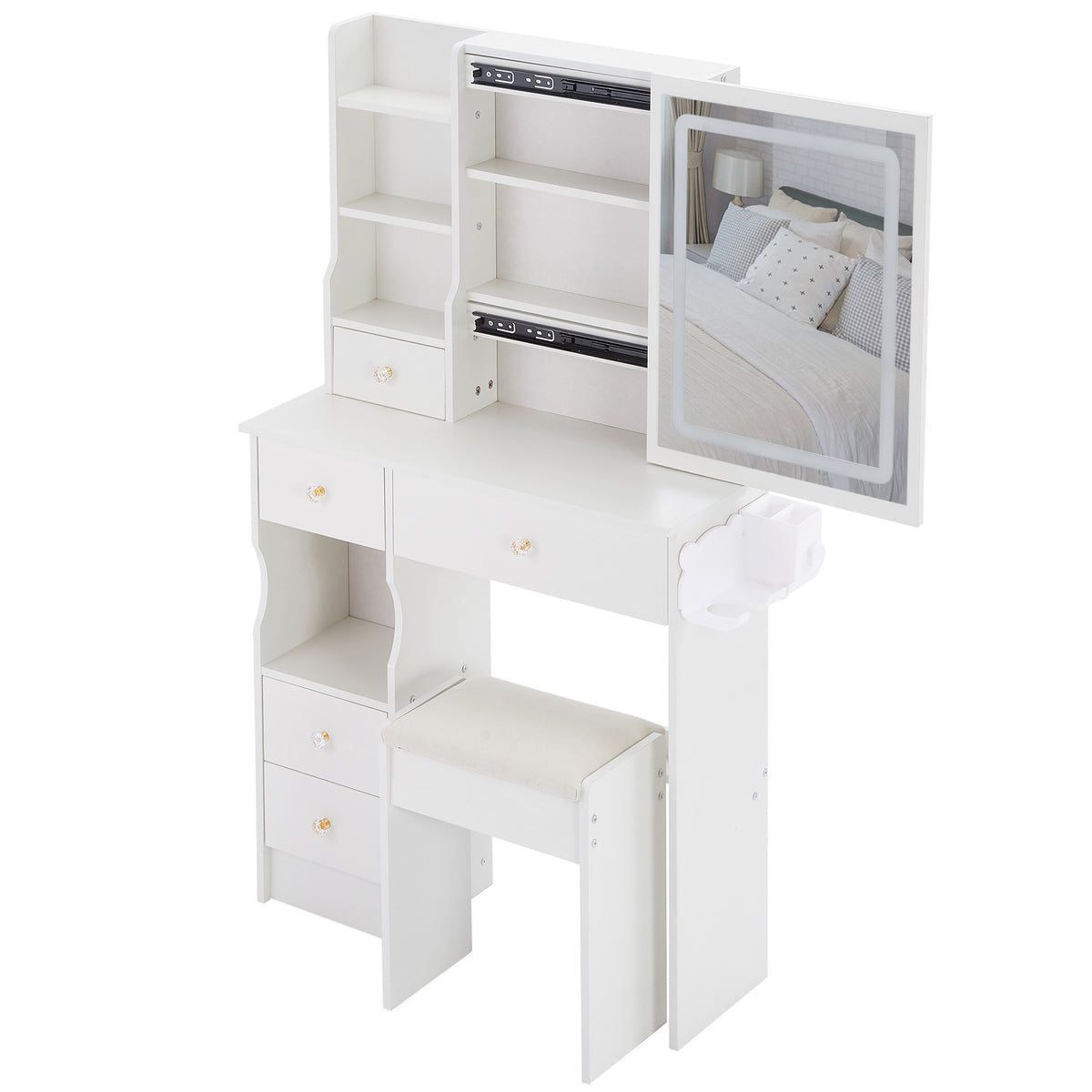 THE FURNITURE CO. Vanity Default Small Size Left Drawer Vanity Table With Cushioned Stool, 2 AC+2 USB Ports, Touch Control LED Mirror, Tri-Color Switching In White