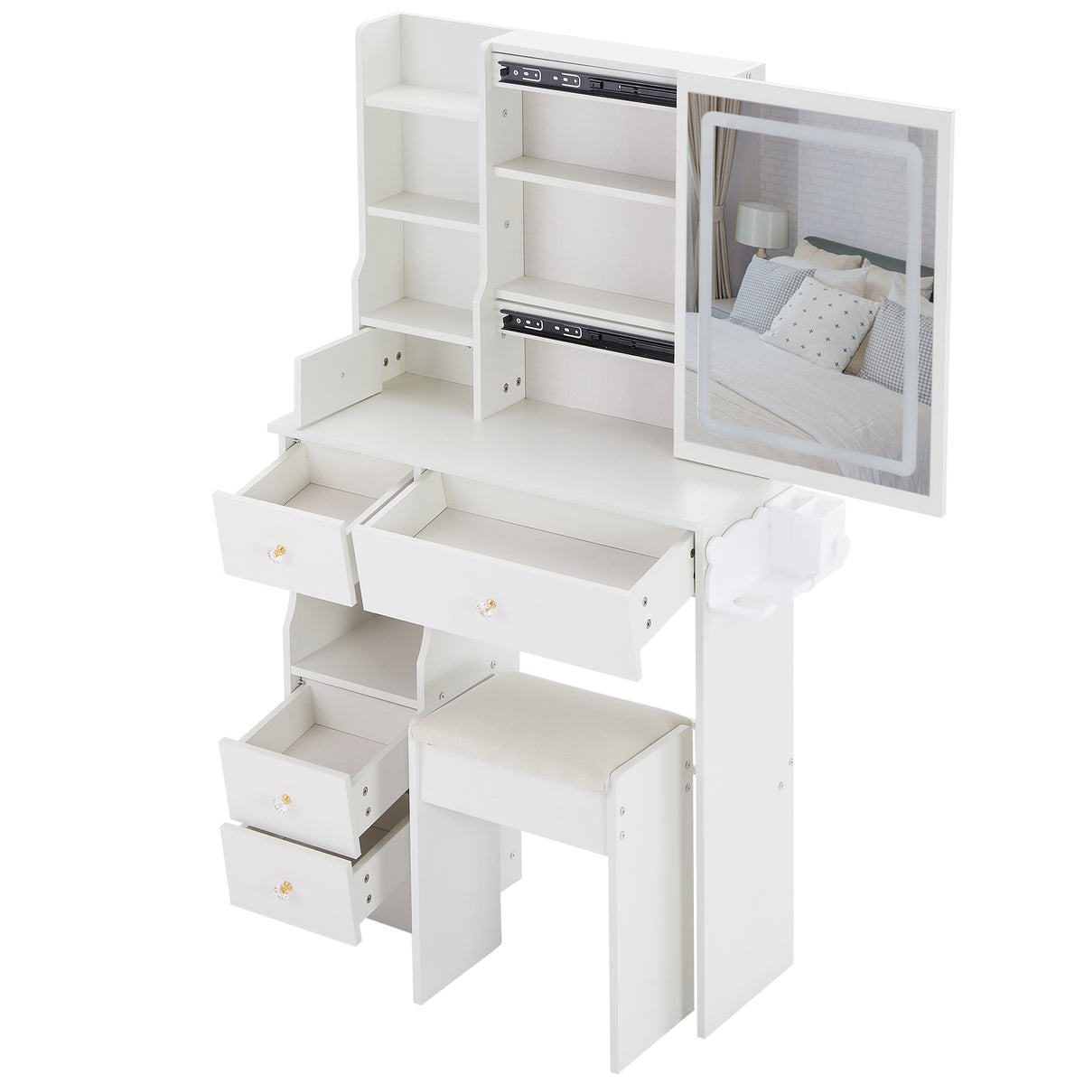 THE FURNITURE CO. Vanity Default Small Size Left Drawer Vanity Table With Cushioned Stool, 2 AC+2 USB Ports, Touch Control LED Mirror, Tri-Color Switching In White