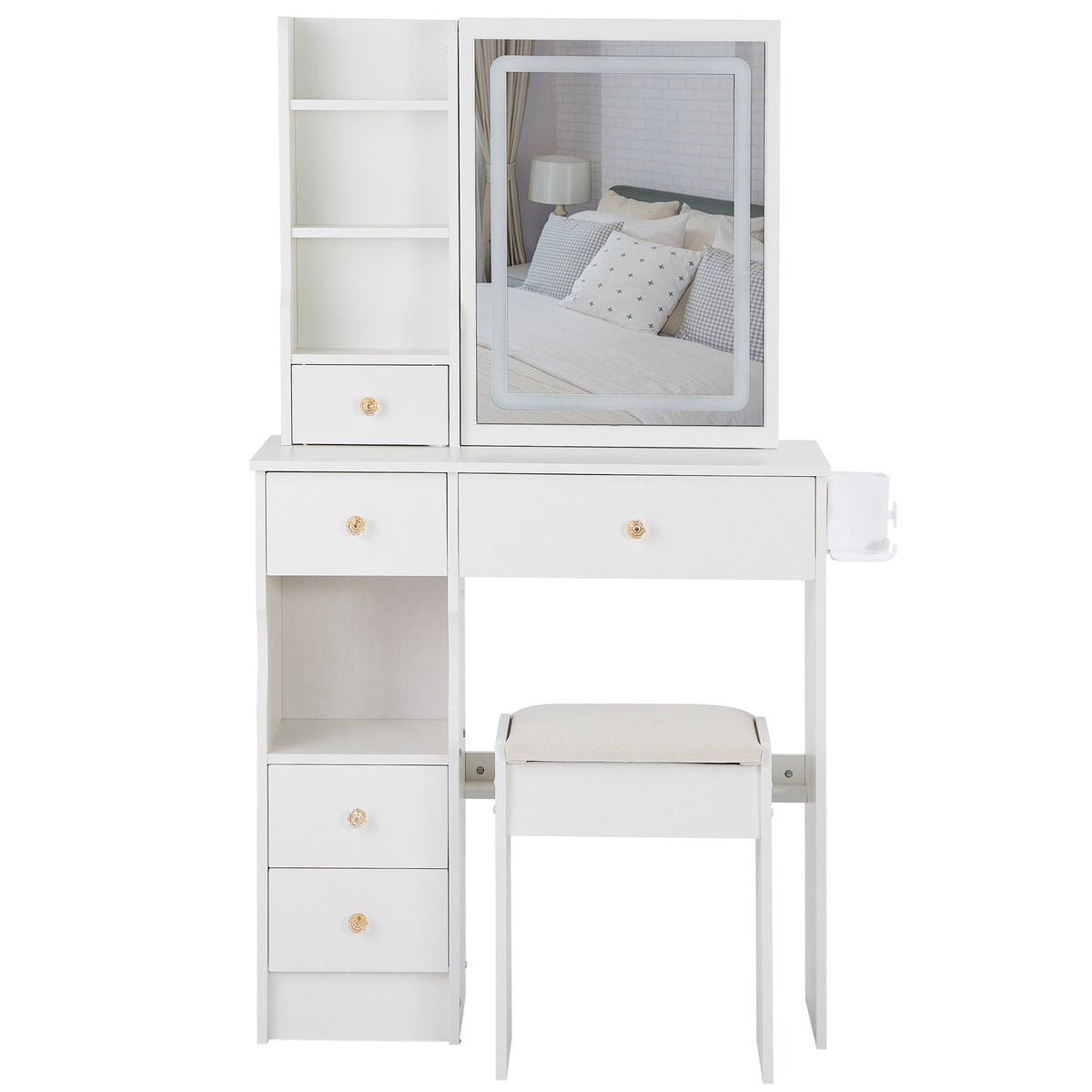 THE FURNITURE CO. Vanity Default Small Size Left Drawer Vanity Table With Cushioned Stool, 2 AC+2 USB Ports, Touch Control LED Mirror, Tri-Color Switching In White