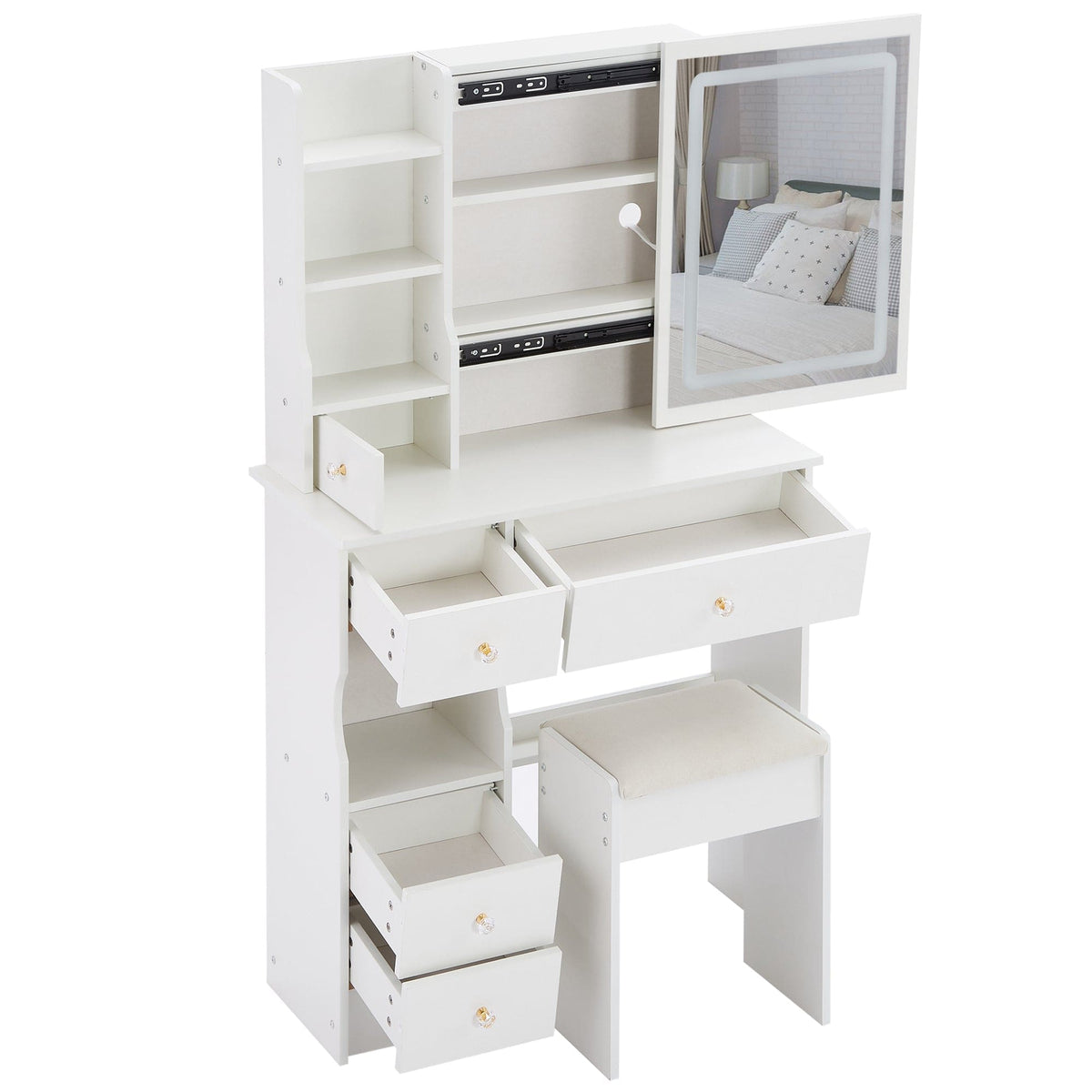 THE FURNITURE CO. Vanity Default Small Size Left Drawer Vanity Table With Cushioned Stool, 2 AC+2 USB Ports, Touch Control LED Mirror, Tri-Color Switching In White