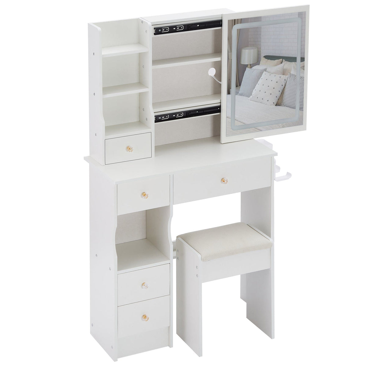 THE FURNITURE CO. Vanity Default Small Size Left Drawer Vanity Table With Cushioned Stool, 2 AC+2 USB Ports, Touch Control LED Mirror, Tri-Color Switching In White