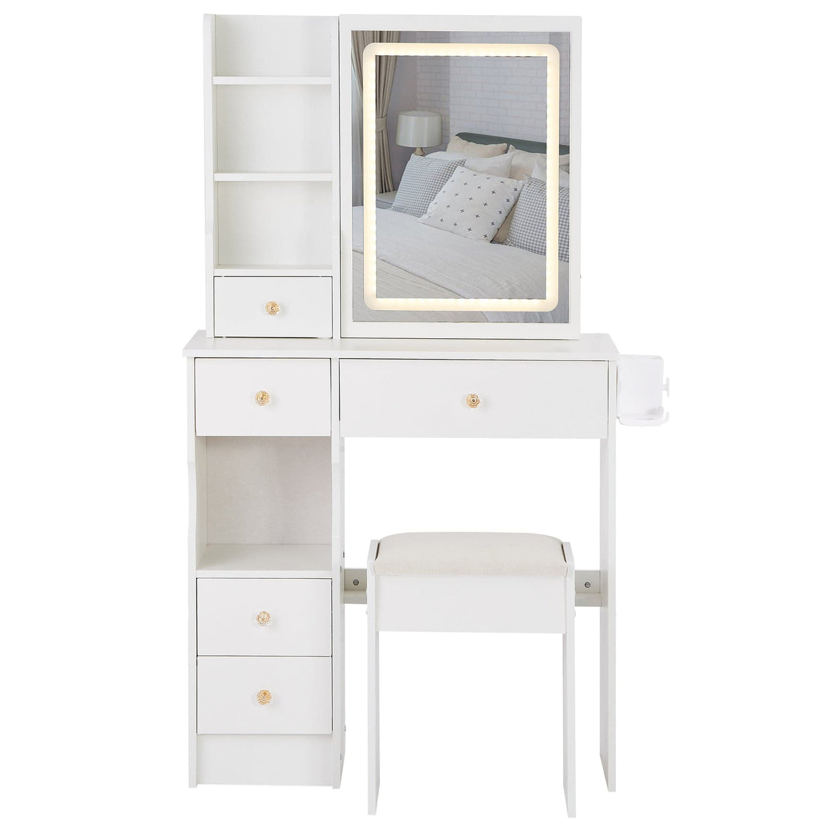THE FURNITURE CO. Vanity Default Small Size Left Drawer Vanity Table With Cushioned Stool, 2 AC+2 USB Ports, Touch Control LED Mirror, Tri-Color Switching In White