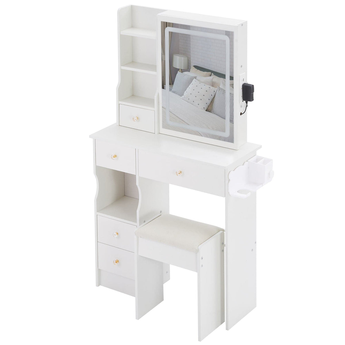 THE FURNITURE CO. Vanity Default Small Size Left Drawer Vanity Table With Cushioned Stool, 2 AC+2 USB Ports, Touch Control LED Mirror, Tri-Color Switching In White