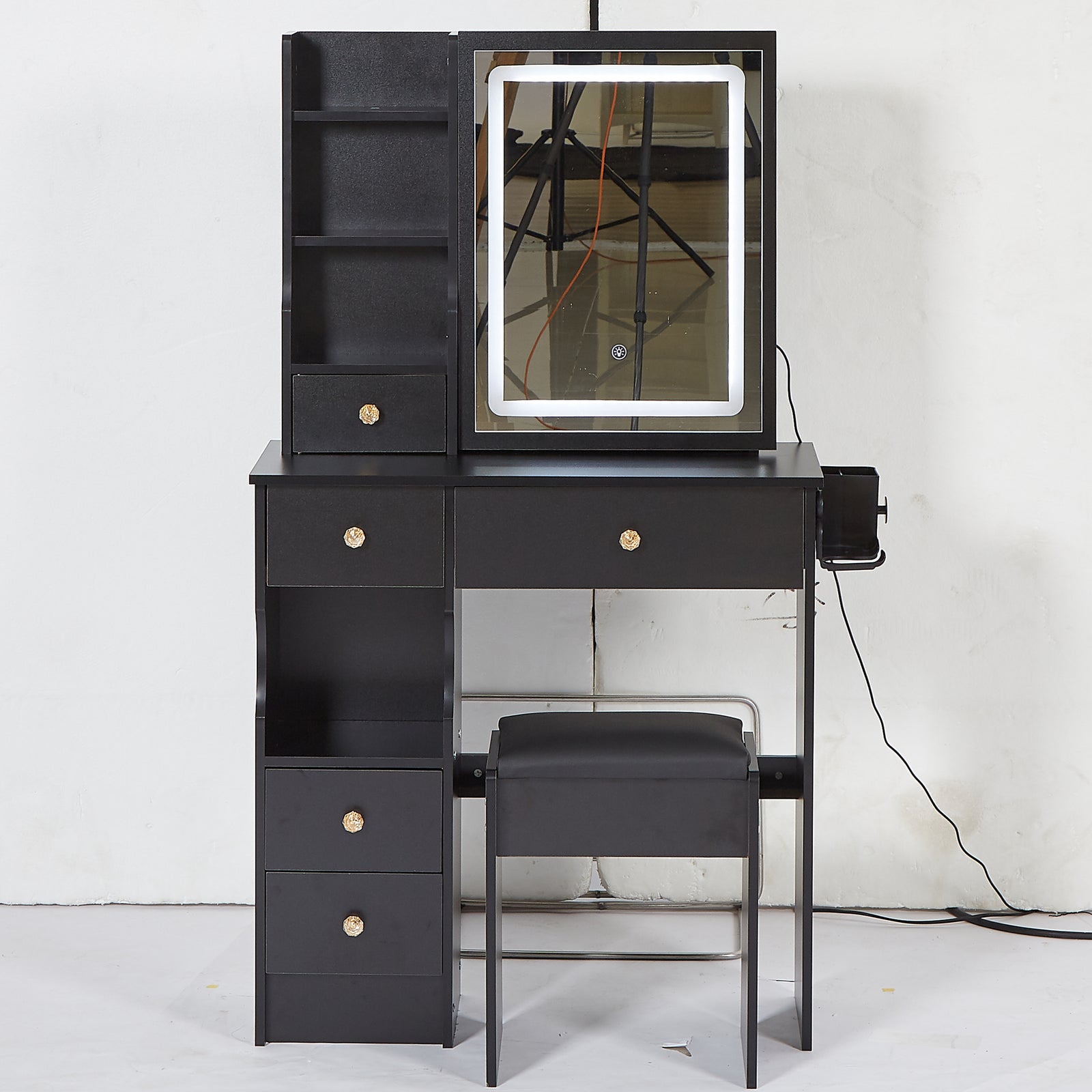 THE FURNITURE CO. Vanity Default Small Size Left Drawer Vanity Table With Cushioned Stool, 2 AC+2 USB Power, Touch Control LED Mirror, Tri-color Switching In Black