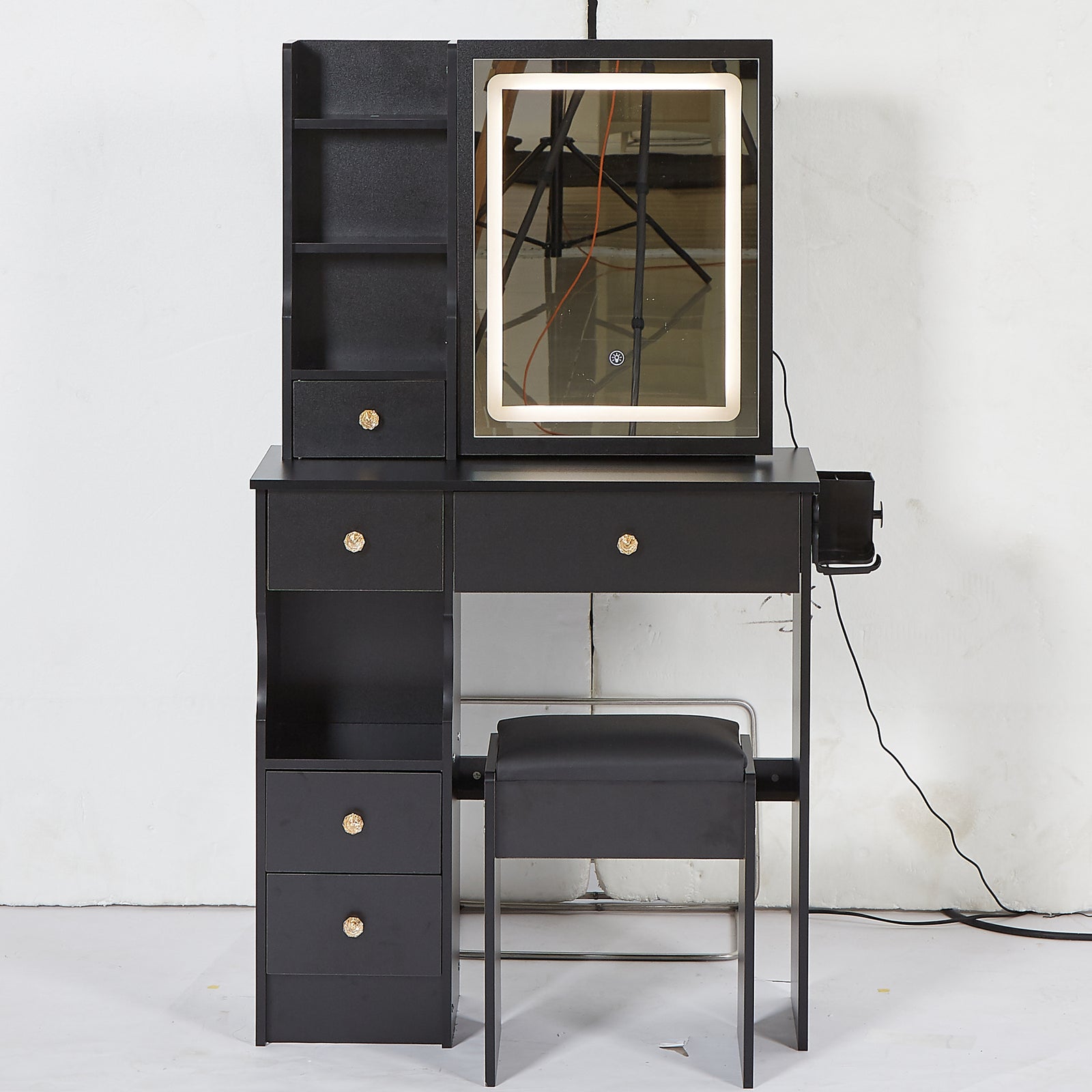 THE FURNITURE CO. Vanity Default Small Size Left Drawer Vanity Table With Cushioned Stool, 2 AC+2 USB Power, Touch Control LED Mirror, Tri-color Switching In Black