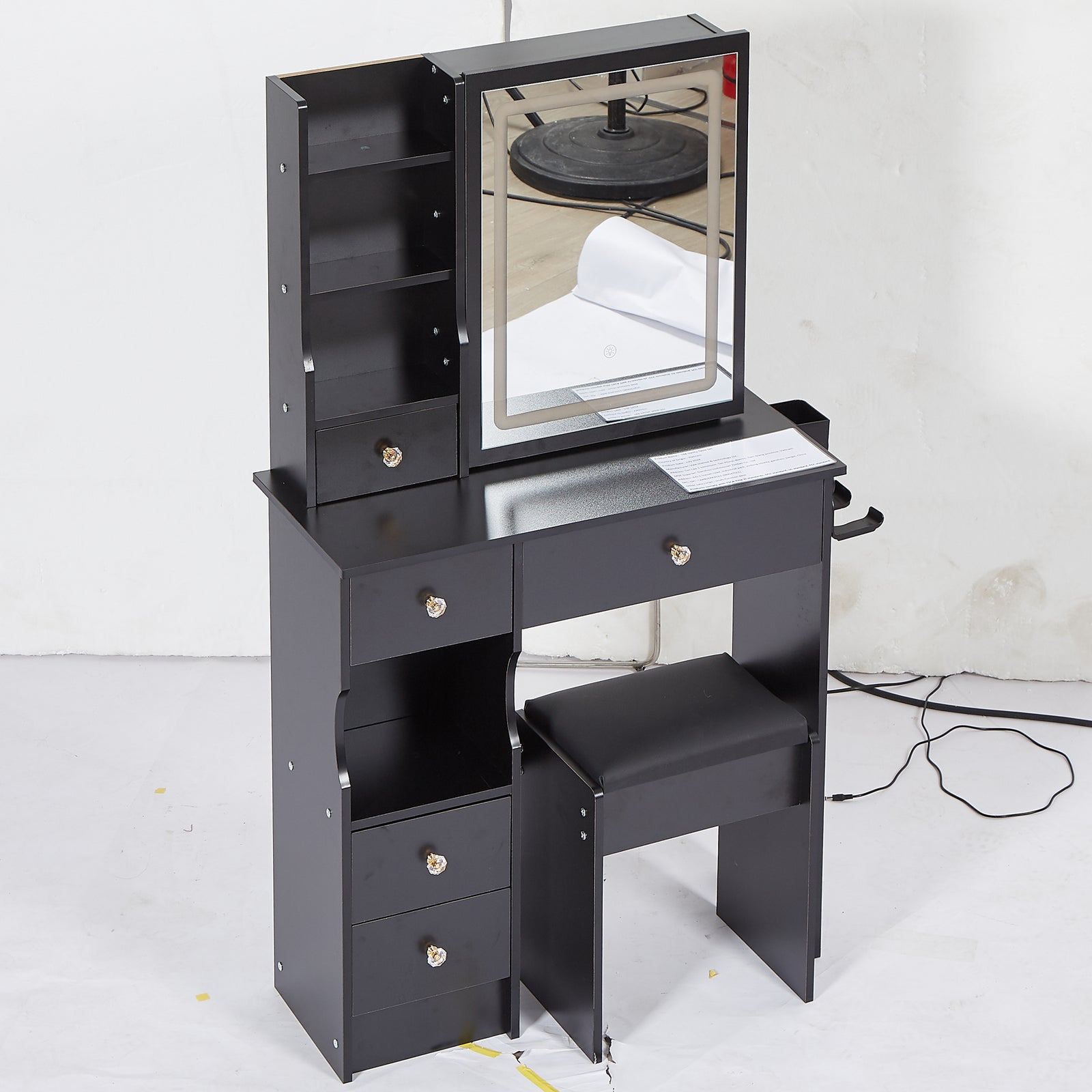 THE FURNITURE CO. Vanity Default Small Size Left Drawer Vanity Table With Cushioned Stool, 2 AC+2 USB Power, Touch Control LED Mirror, Tri-color Switching In Black