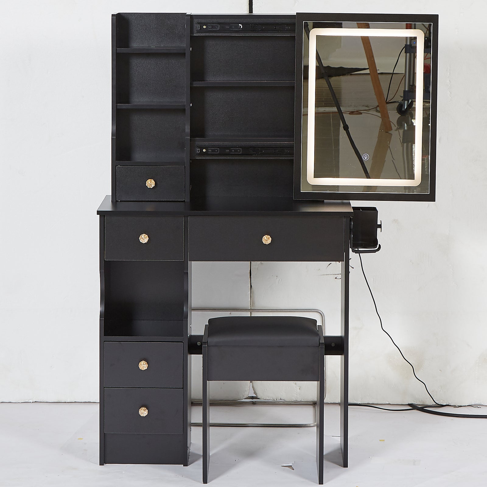 THE FURNITURE CO. Vanity Default Small Size Left Drawer Vanity Table With Cushioned Stool, 2 AC+2 USB Power, Touch Control LED Mirror, Tri-color Switching In Black