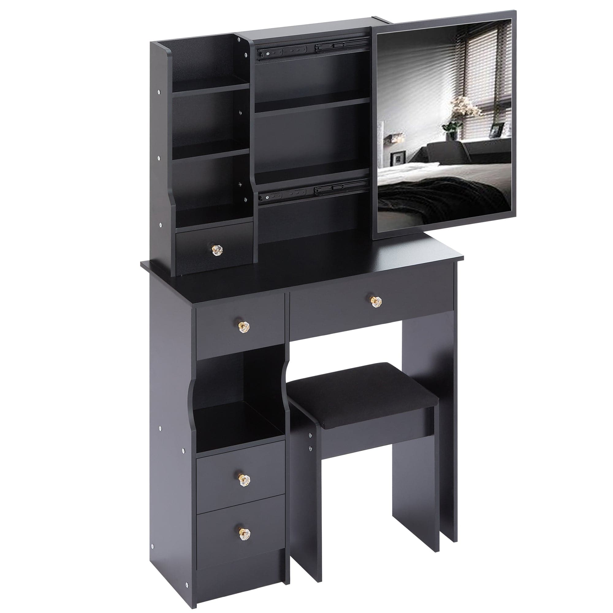 THE FURNITURE CO. Vanity Default Small Size Left Drawer Vanity Table With Cushioned Stool Multi Layer High Capacity Storage Stylish Design For Small Spaces In Black