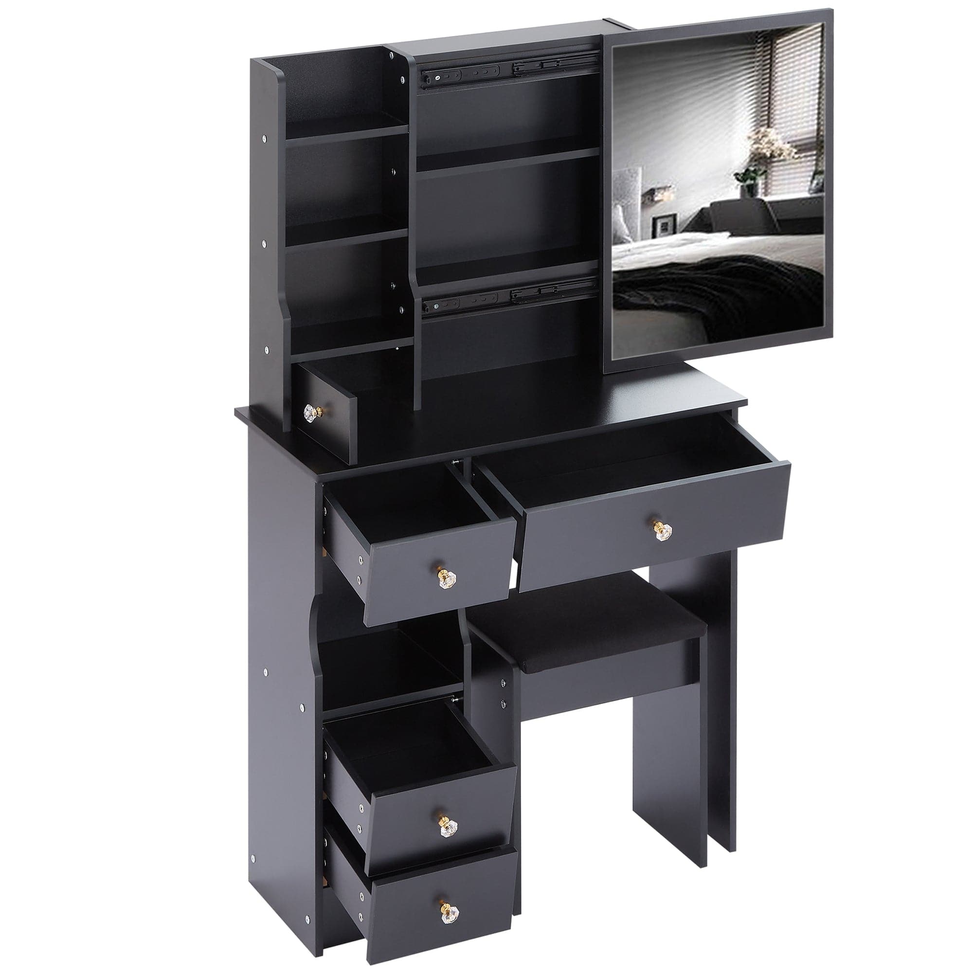 THE FURNITURE CO. Vanity Default Small Size Left Drawer Vanity Table With Cushioned Stool Multi Layer High Capacity Storage Stylish Design For Small Spaces In Black