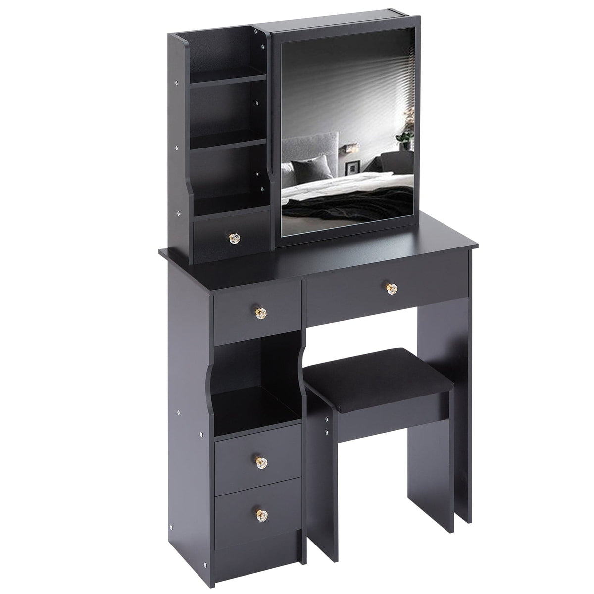 THE FURNITURE CO. Vanity Default Small Size Left Drawer Vanity Table With Cushioned Stool Multi Layer High Capacity Storage Stylish Design For Small Spaces In Black