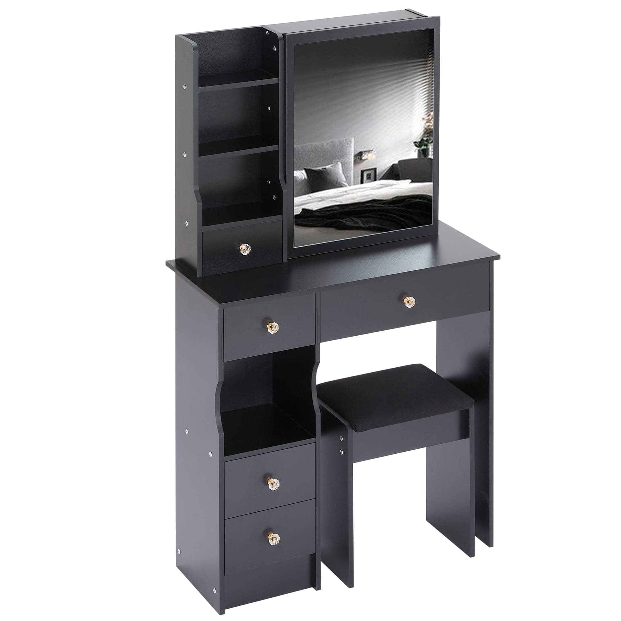 THE FURNITURE CO. Vanity Default Small Size Left Drawer Vanity Table With Cushioned Stool Multi Layer High Capacity Storage Stylish Design For Small Spaces In Black