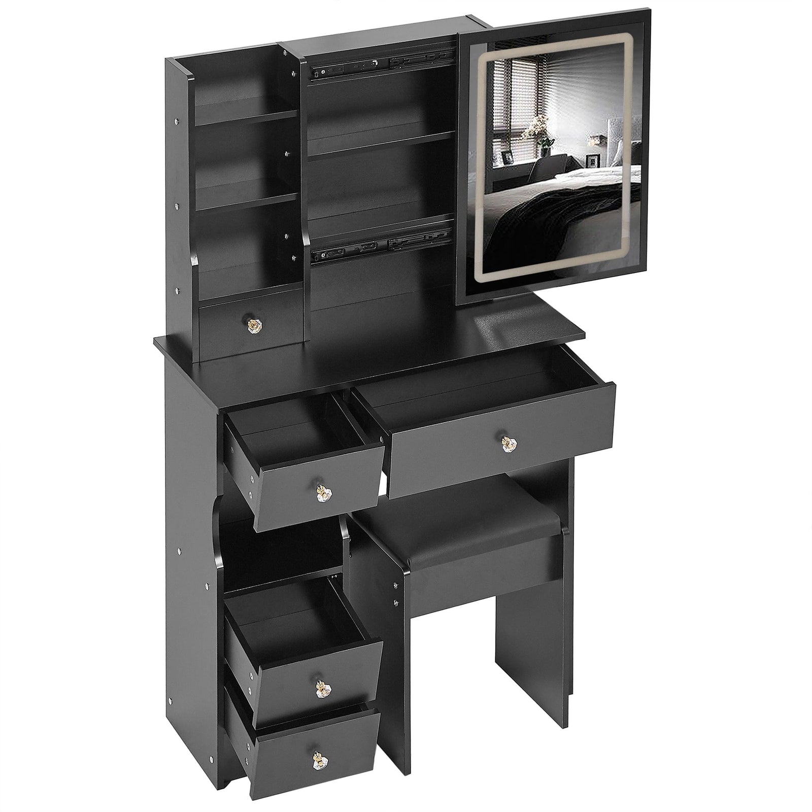 THE FURNITURE CO. Vanity Default Small Size Left Drawer Vanity Table With Cushioned Stool Touch Control LED Mirror Tri-color Switching Adjustable Brightness In Black