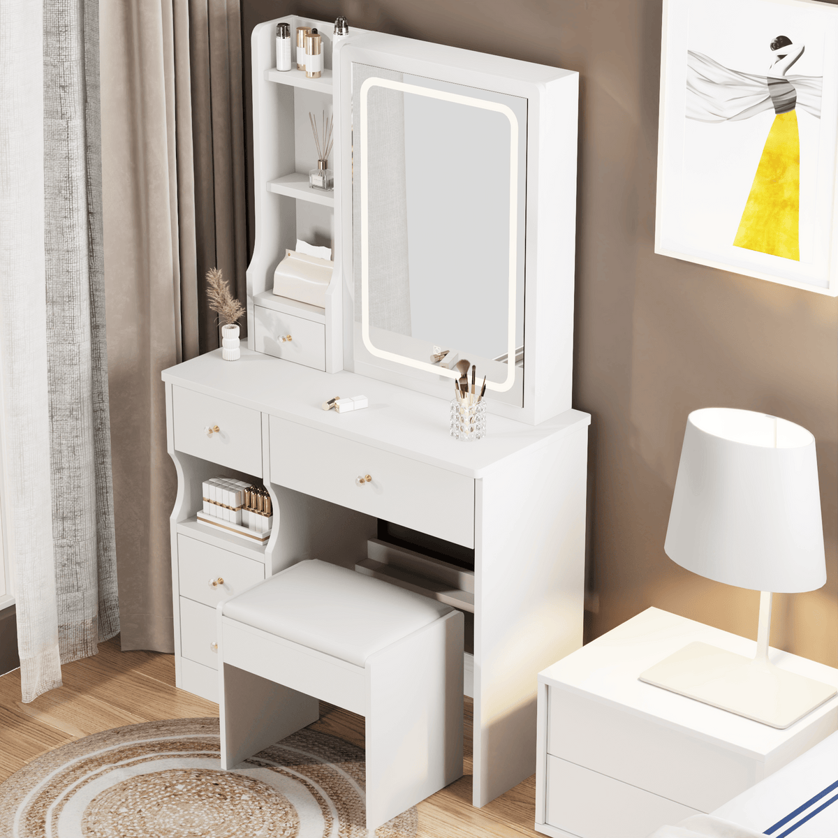 THE FURNITURE CO. Vanity Default Small Space Desktop Vanity Table with Cushioned Stool and LED Mirror Tri-Color Switching Brightness Adjustable In White