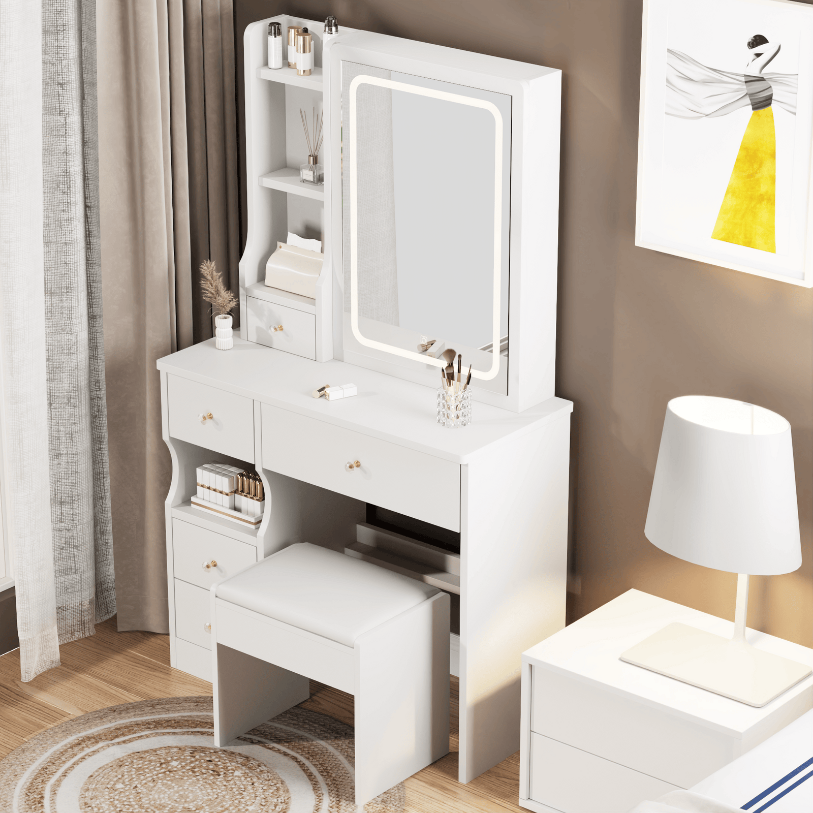 THE FURNITURE CO. Vanity Default Small Space Desktop Vanity Table with Cushioned Stool and LED Mirror Tri-Color Switching Brightness Adjustable In White