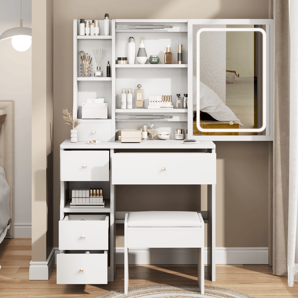 THE FURNITURE CO. Vanity Default Small Space Desktop Vanity Table with Cushioned Stool and LED Mirror Tri-Color Switching Brightness Adjustable In White