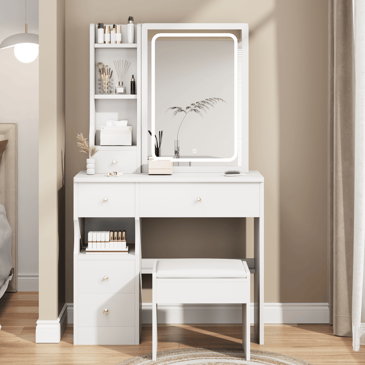 THE FURNITURE CO. Vanity Default Small Space Desktop Vanity Table with Cushioned Stool and LED Mirror Tri-Color Switching Brightness Adjustable In White