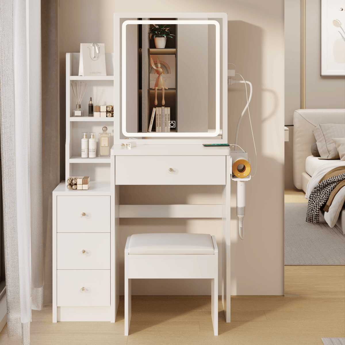 THE FURNITURE CO. Vanity Default Small Space Left Bedside Cabinet Vanity Table With Cushioned Stool, 2 AC+2 USB Power Station, Extra Large Touch Control LED Mirror In White