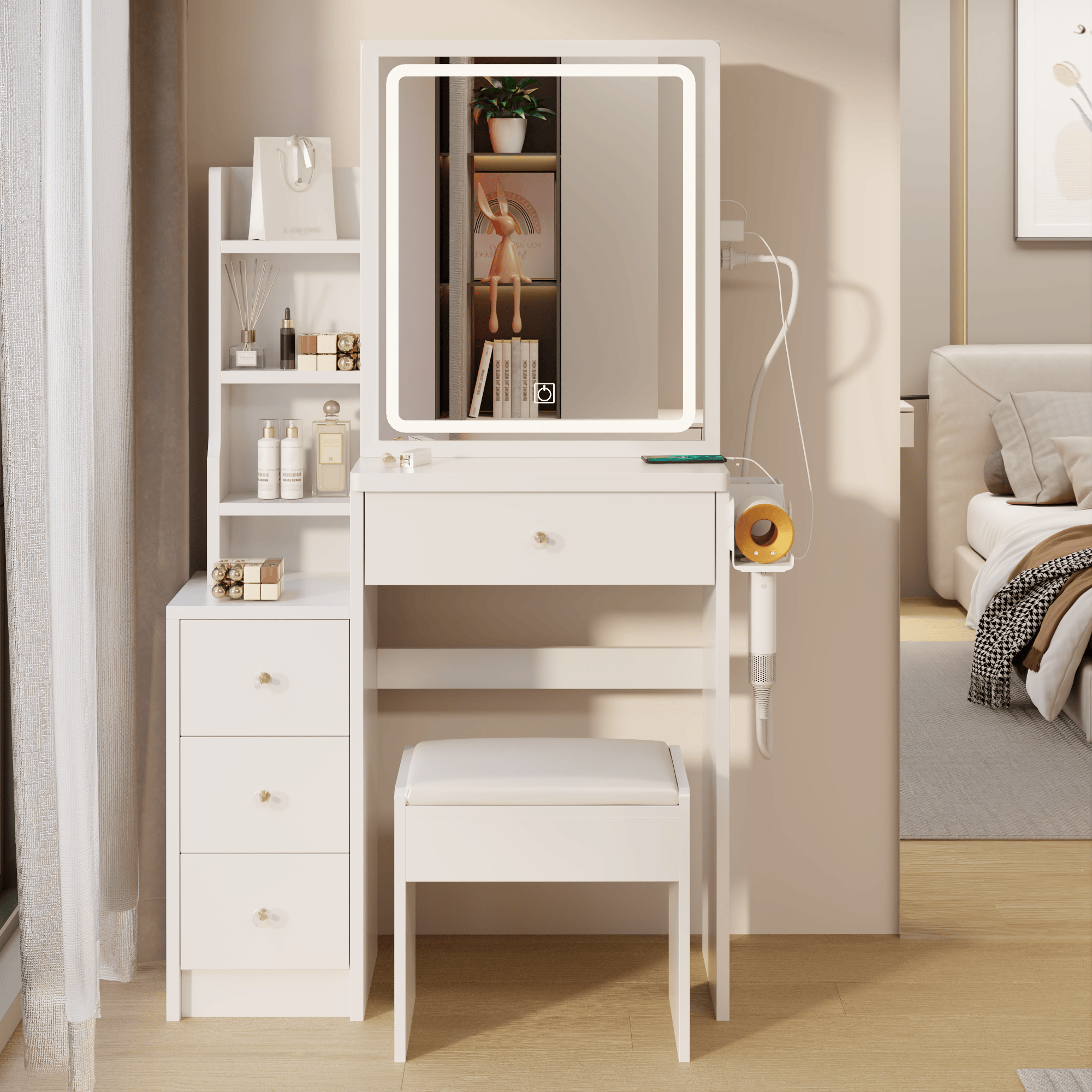 THE FURNITURE CO. Vanity Default Small Space Left Bedside Cabinet Vanity Table With Cushioned Stool, 2 AC+2 USB Power Station, Extra Large Touch Control LED Mirror In White