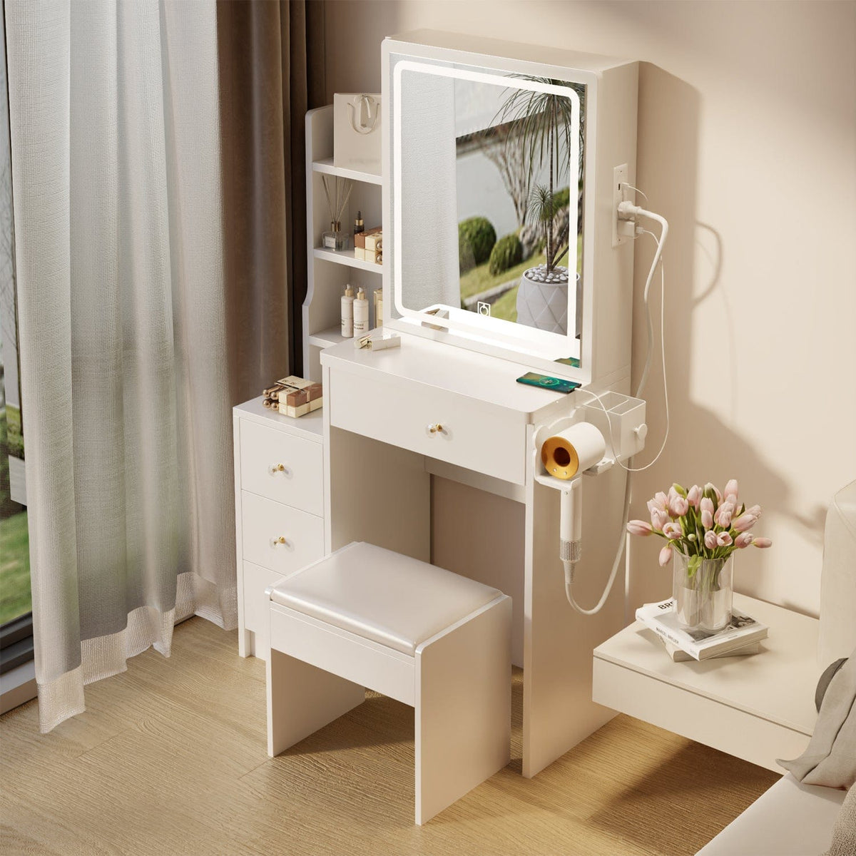 THE FURNITURE CO. Vanity Default Small Space Left Bedside Cabinet Vanity Table With Cushioned Stool, 2 AC+2 USB Power Station, Extra Large Touch Control LED Mirror In White