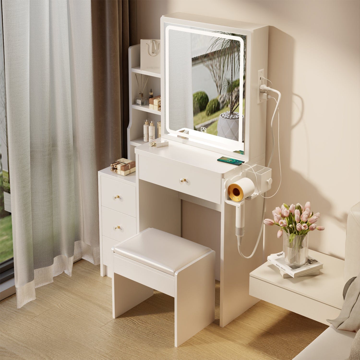 THE FURNITURE CO. Vanity Default Small Space Left Bedside Cabinet Vanity Table With Cushioned Stool, 2 AC+2 USB Power Station, Extra Large Touch Control LED Mirror In White
