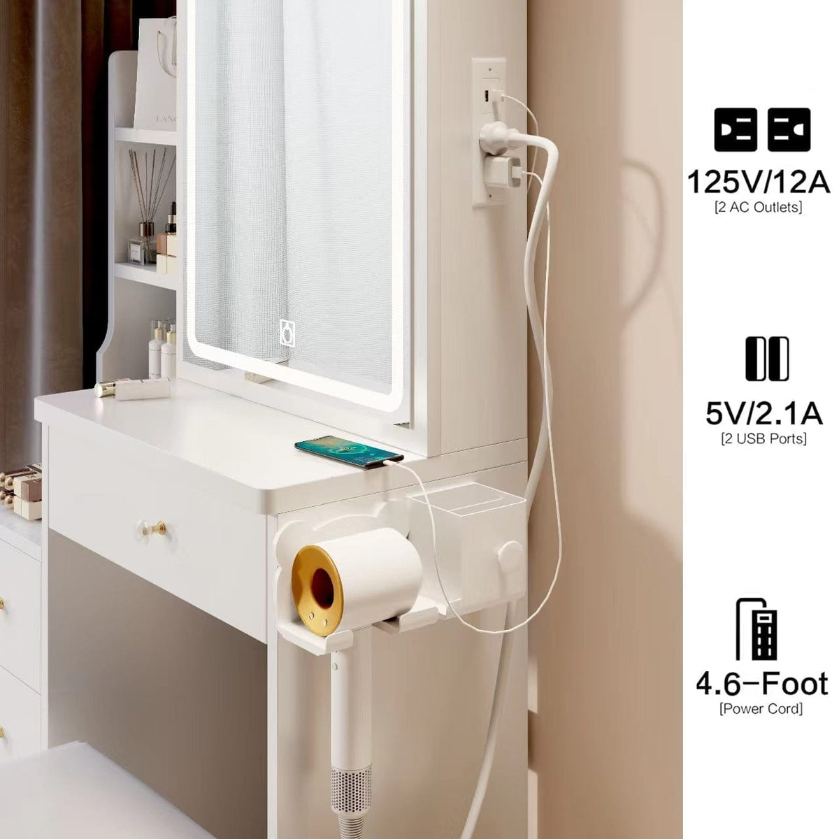 THE FURNITURE CO. Vanity Default Small Space Left Bedside Cabinet Vanity Table With Cushioned Stool, 2 AC+2 USB Power Station, Extra Large Touch Control LED Mirror In White