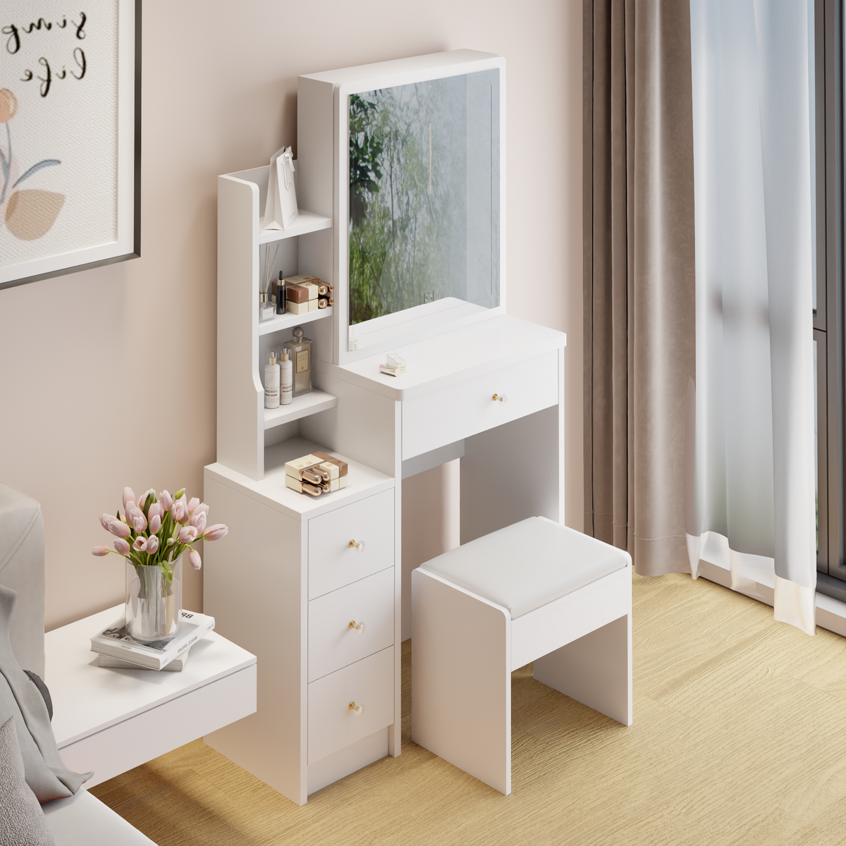 THE FURNITURE CO. Vanity Default Small Space Left Bedside Cabinet Vanity Table With Cushioned Stool Extra Large Right Sliding Mirror Multi Layer Storage Practical Dresser In White