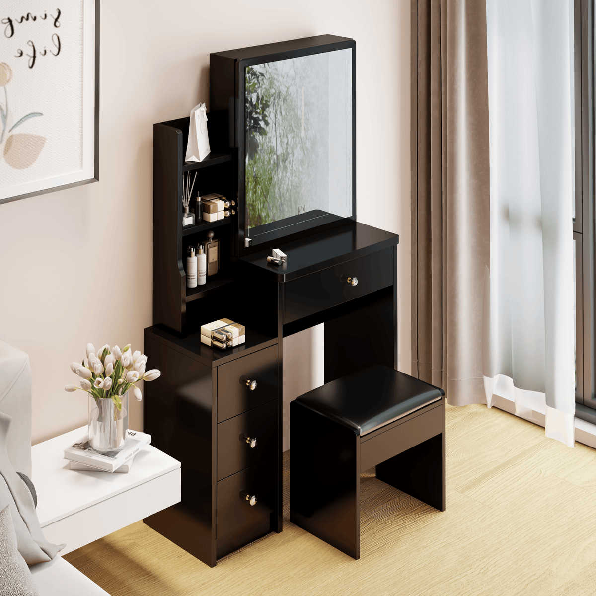 THE FURNITURE CO. Vanity Default Small Space Left Bedside Cabinet Vanity Table With Cushioned Stool Extra Large Sliding Mirror Multi Layer Storage Practical Dresser In Black