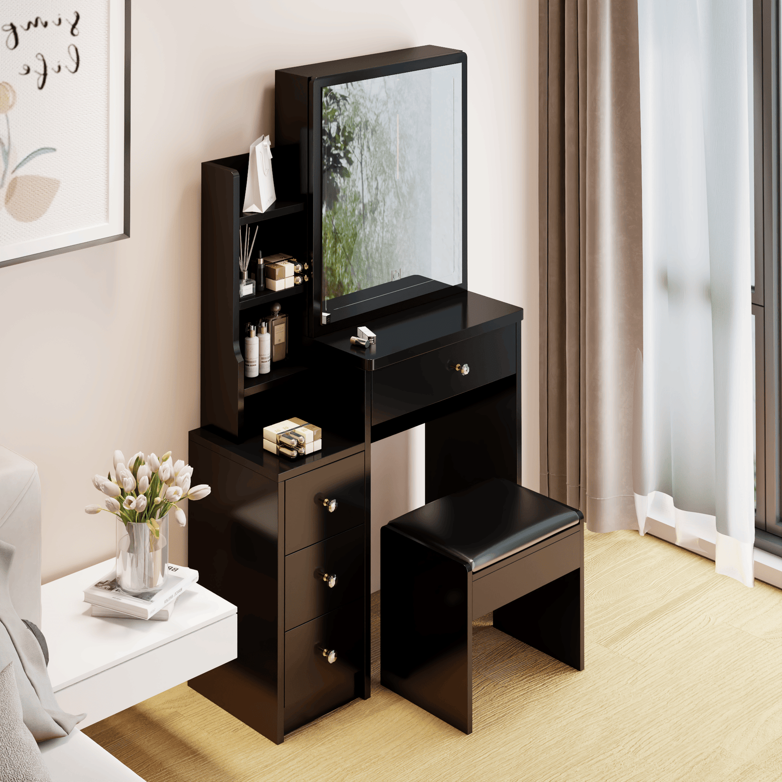 THE FURNITURE CO. Vanity Default Small Space Left Bedside Cabinet Vanity Table With Cushioned Stool Extra Large Sliding Mirror Multi Layer Storage Practical Dresser In Black