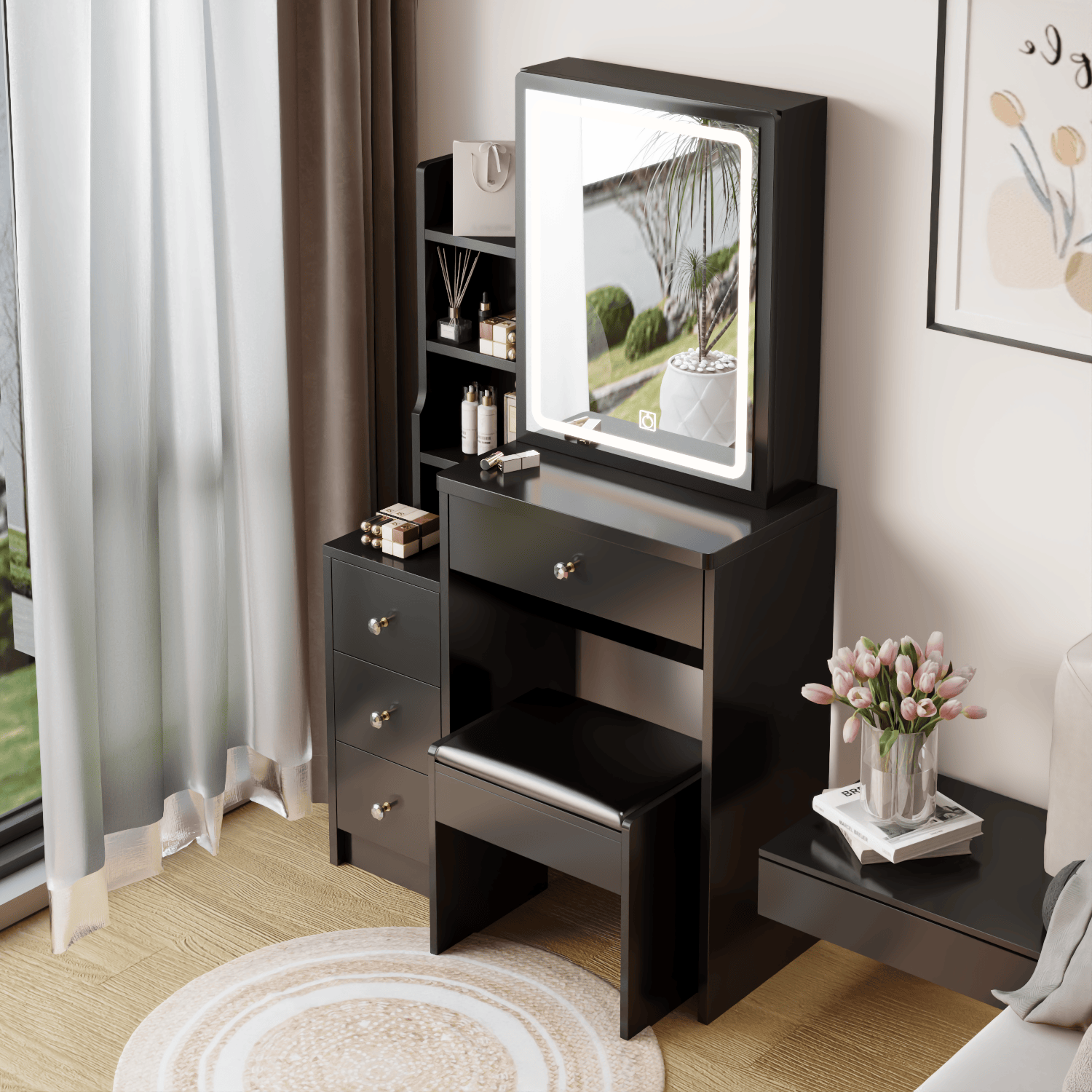 THE FURNITURE CO. Vanity Default Small Space Left Bedside Cabinet Vanity Table with Cushioned Stool Extra Large Touch Control LED Mirror Tri-color Brightness Adjustable In Black