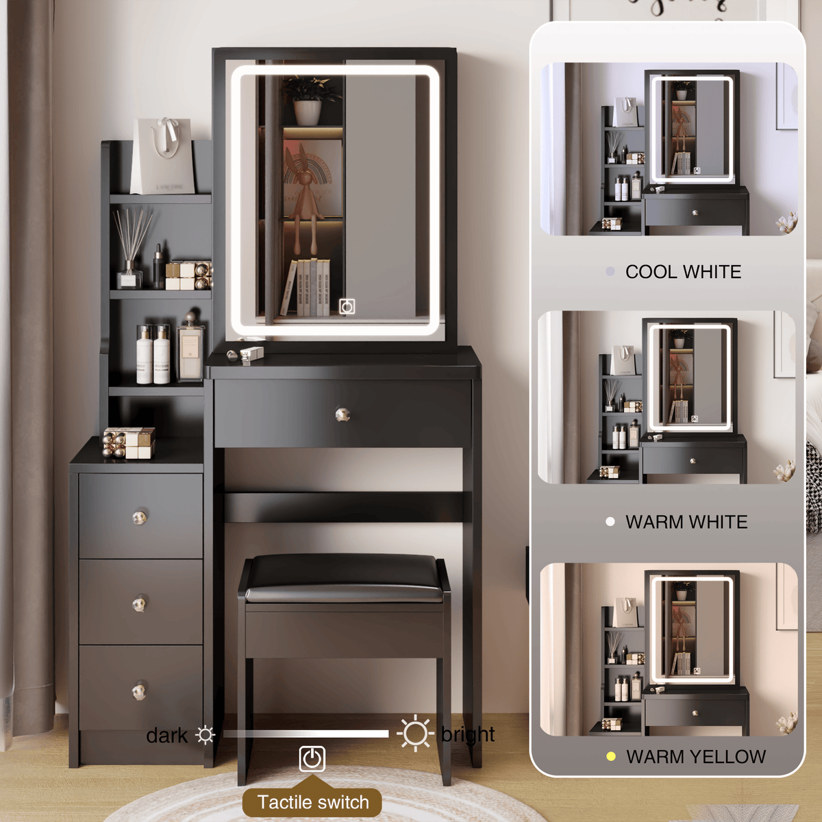 THE FURNITURE CO. Vanity Default Small Space Left Bedside Cabinet Vanity Table with Cushioned Stool Extra Large Touch Control LED Mirror Tri-color Brightness Adjustable In Black