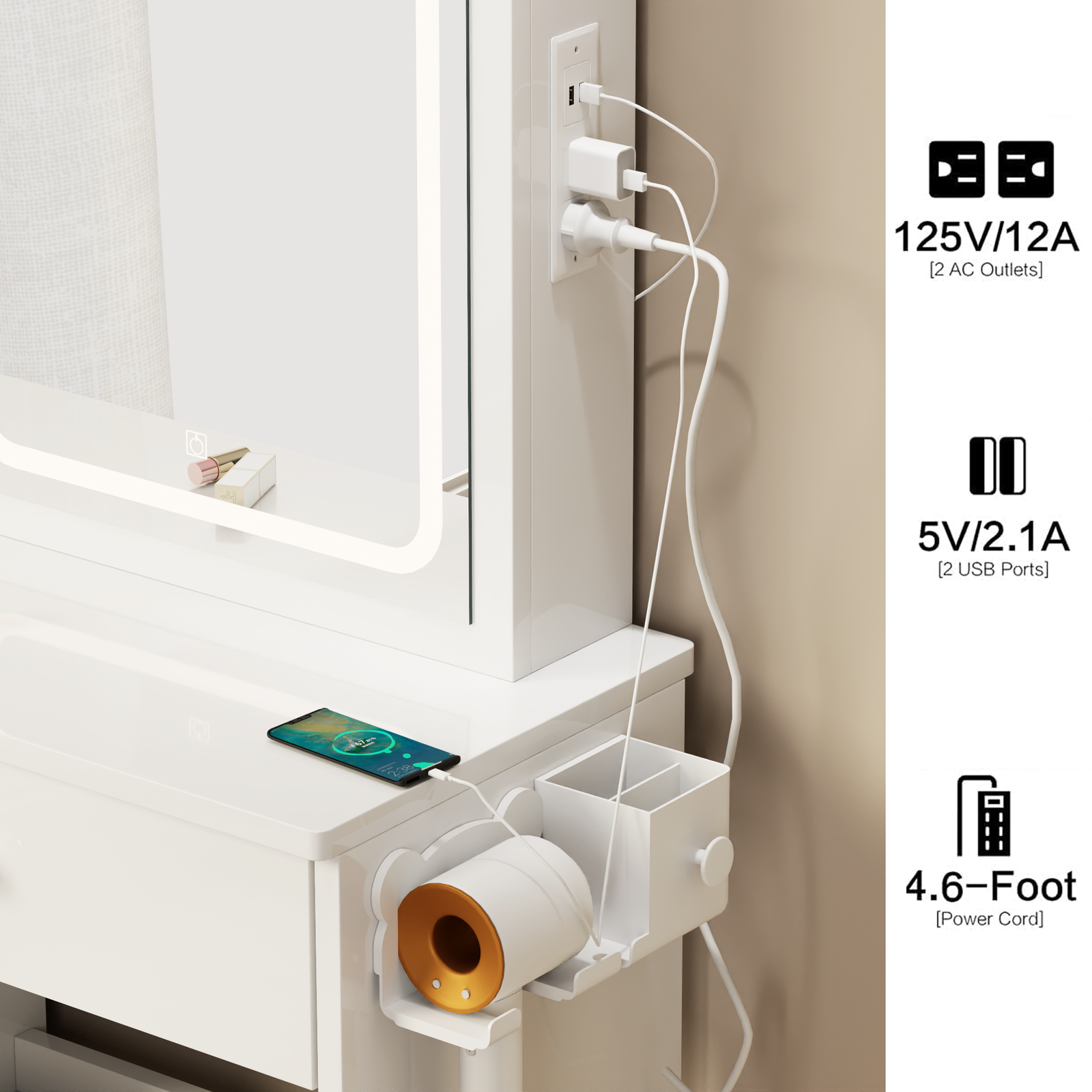 THE FURNITURE CO. Vanity Default Small Space Left Drawer Desktop Vanity Table With Cushioned Stool 2 AC 2 USB Power Station Extra Large Touch Control LED Mirror In White